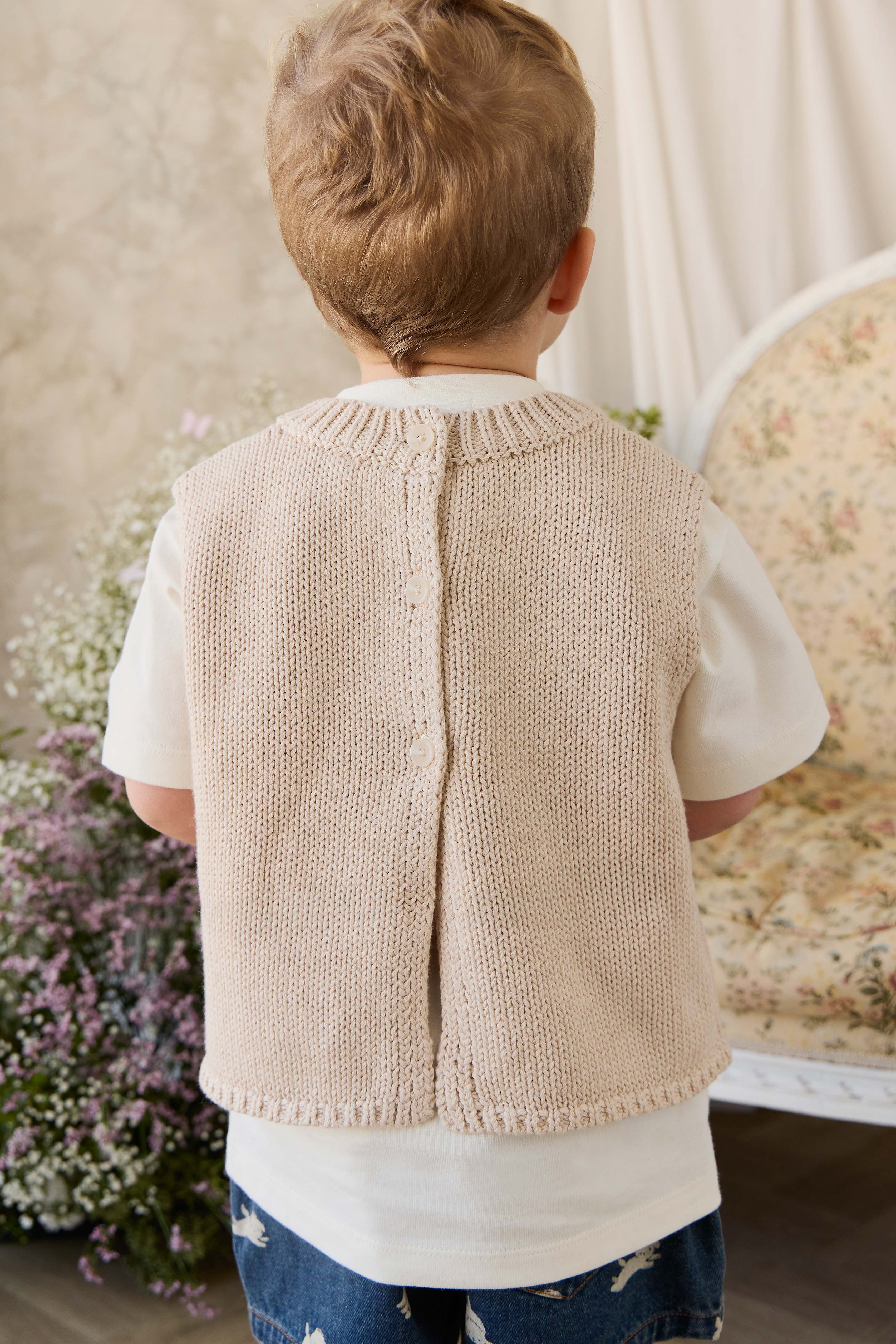 Gilet Enfant Vintage en Coton et Lin Tricoté avec Poche Avant