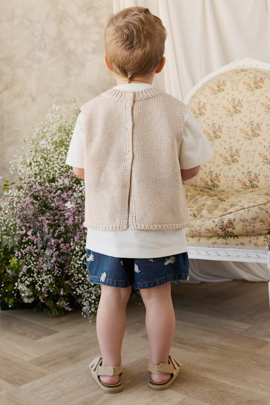 Gilet Enfant Vintage en Coton et Lin Tricoté avec Poche Avant