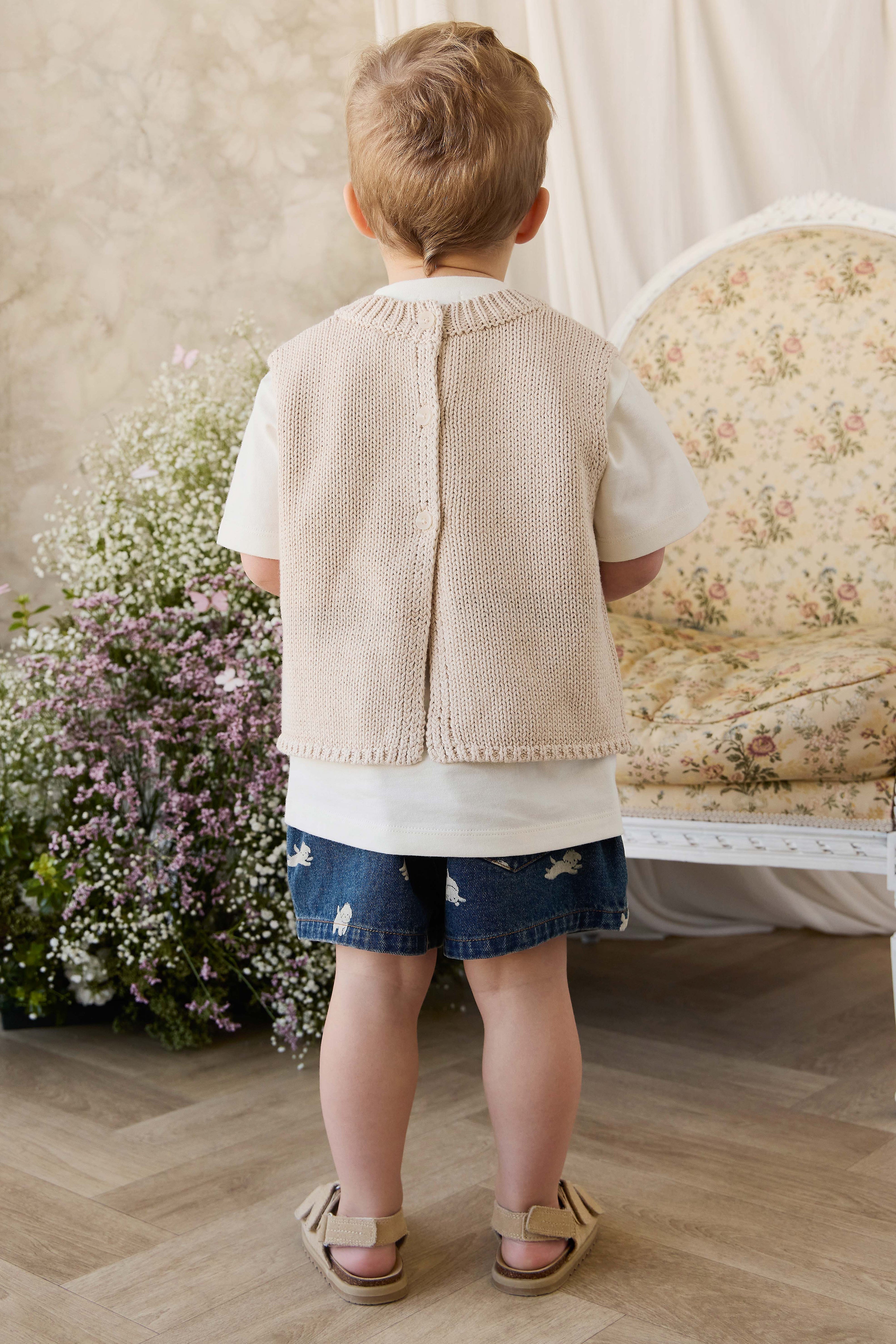 Gilet Enfant Vintage en Coton et Lin Tricoté avec Poche Avant