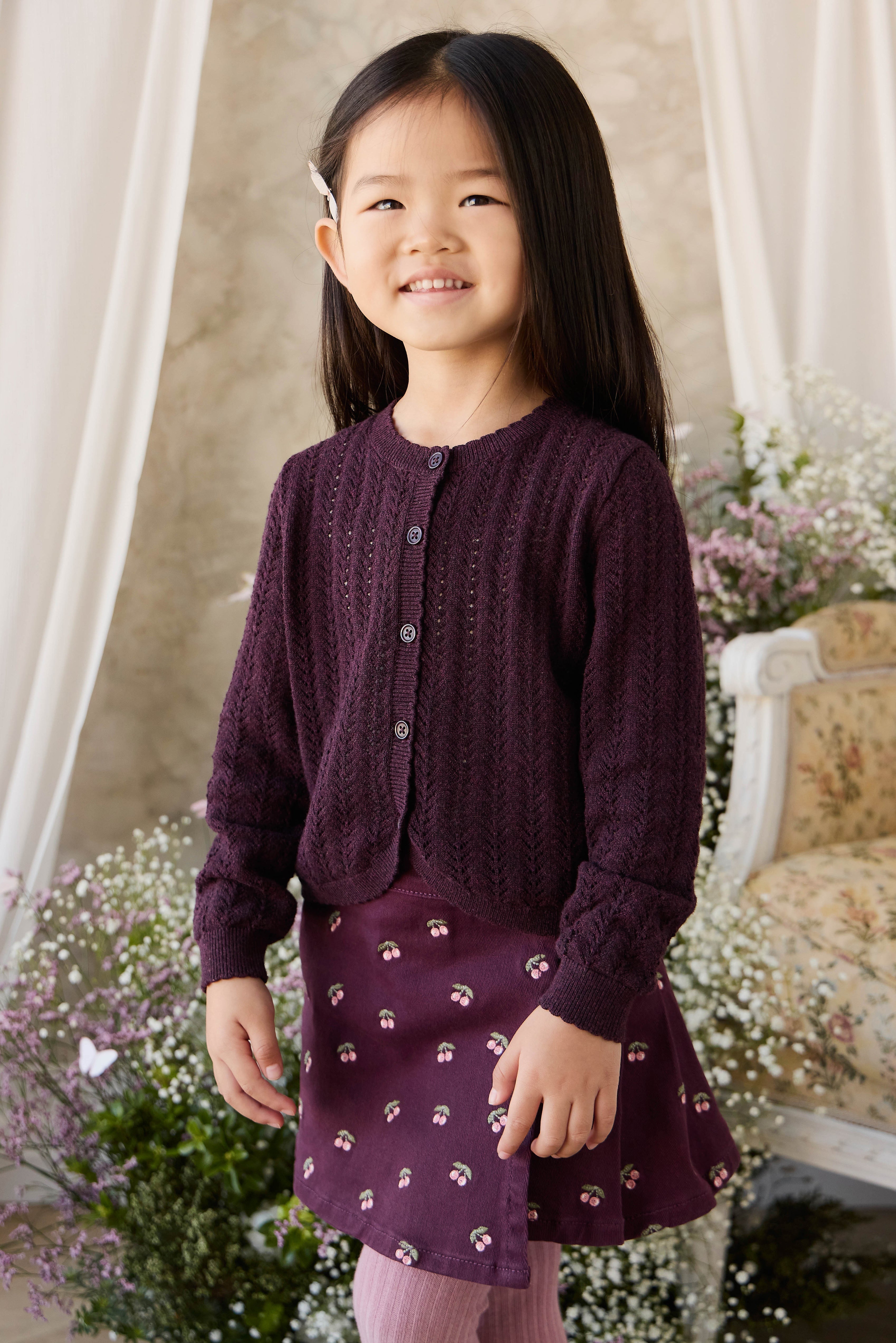 Jupe Tournoyante en Coton Imprimé Cerise et Figue Fille Motif Cerises Rouge Profond