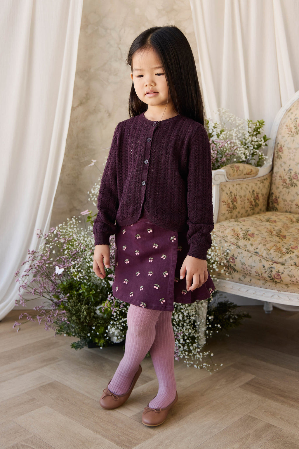 Jupe Tournoyante en Coton Imprimé Cerise et Figue Fille Motif Cerises Rouge Profond