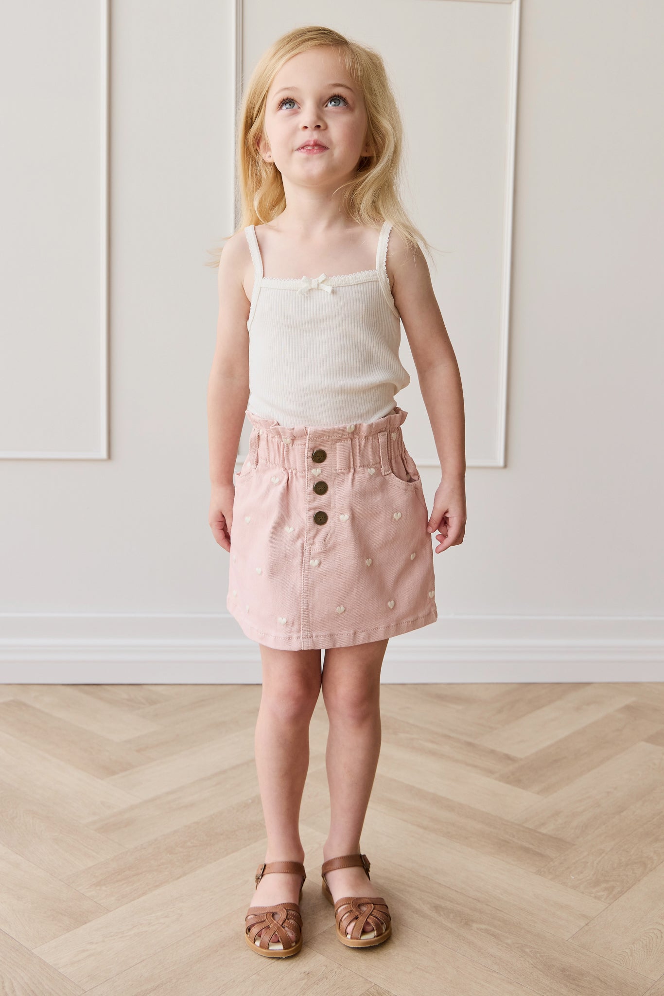Jupe Courte Fille Cœur Pêche Brodé en Coton Taille Paperbag