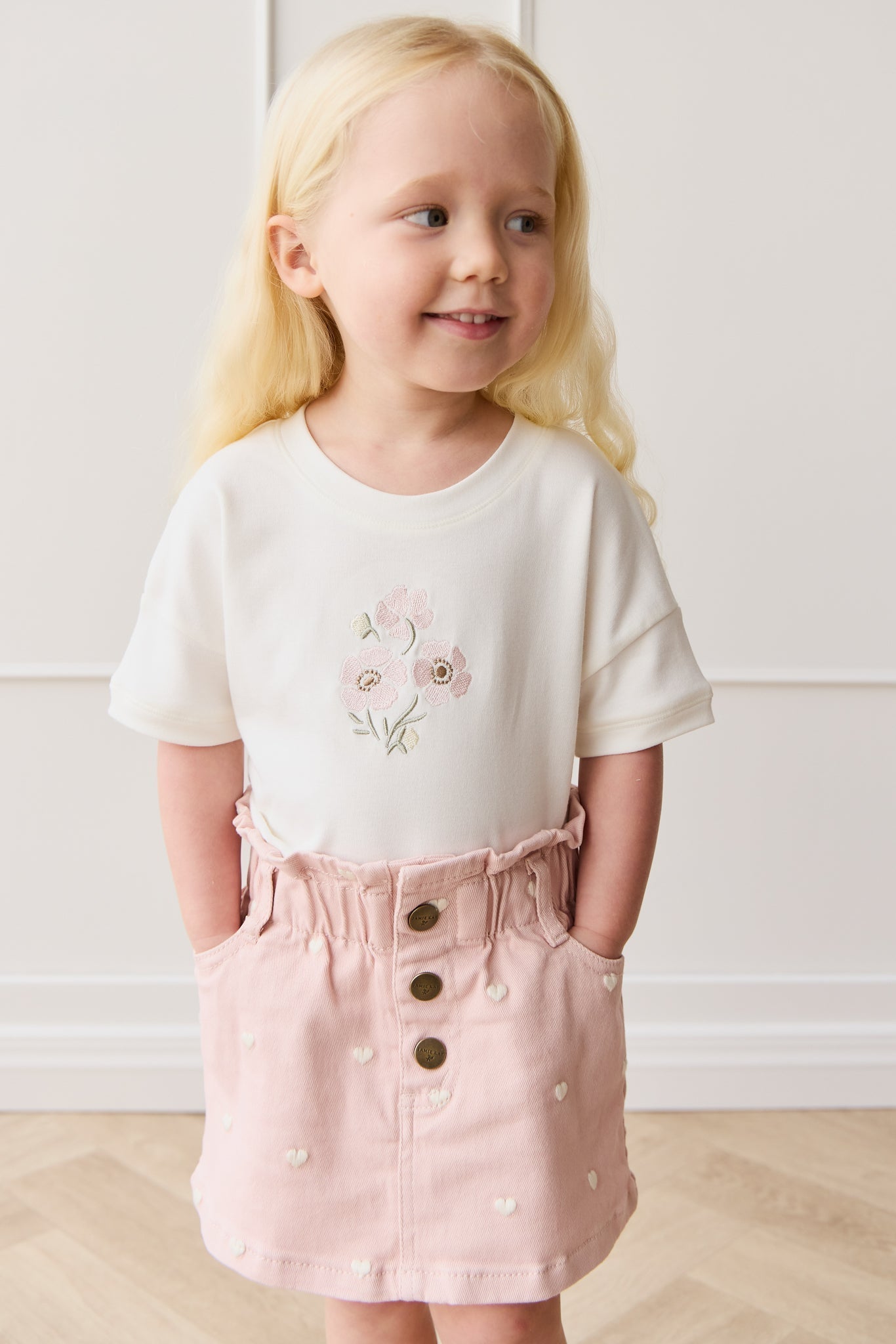 Jupe Courte Fille Cœur Pêche Brodé en Coton Taille Paperbag
