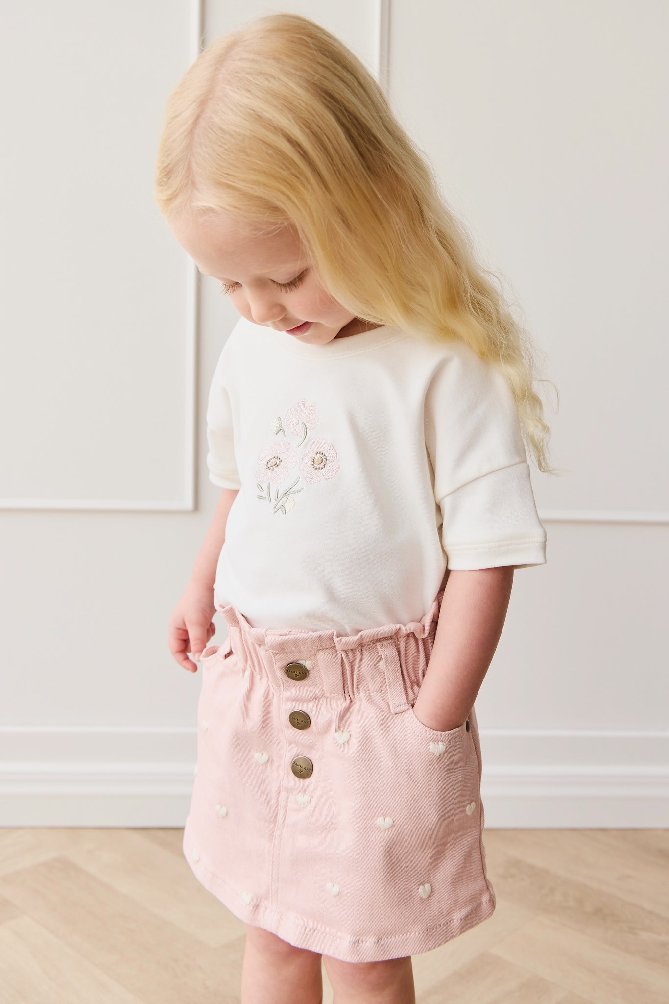 Jupe Courte Fille Cœur Pêche Brodé en Coton Taille Paperbag