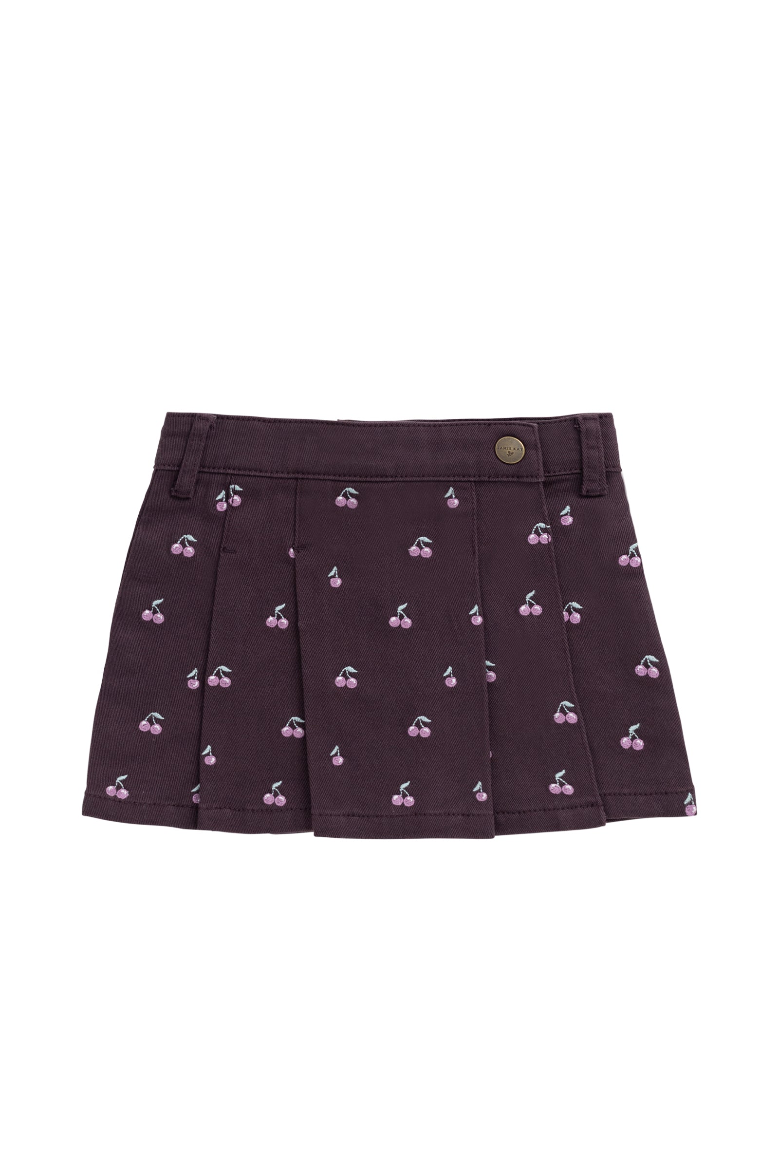 Jupe courte plissée en coton brodée cerises et prunes avec boutons pour filles