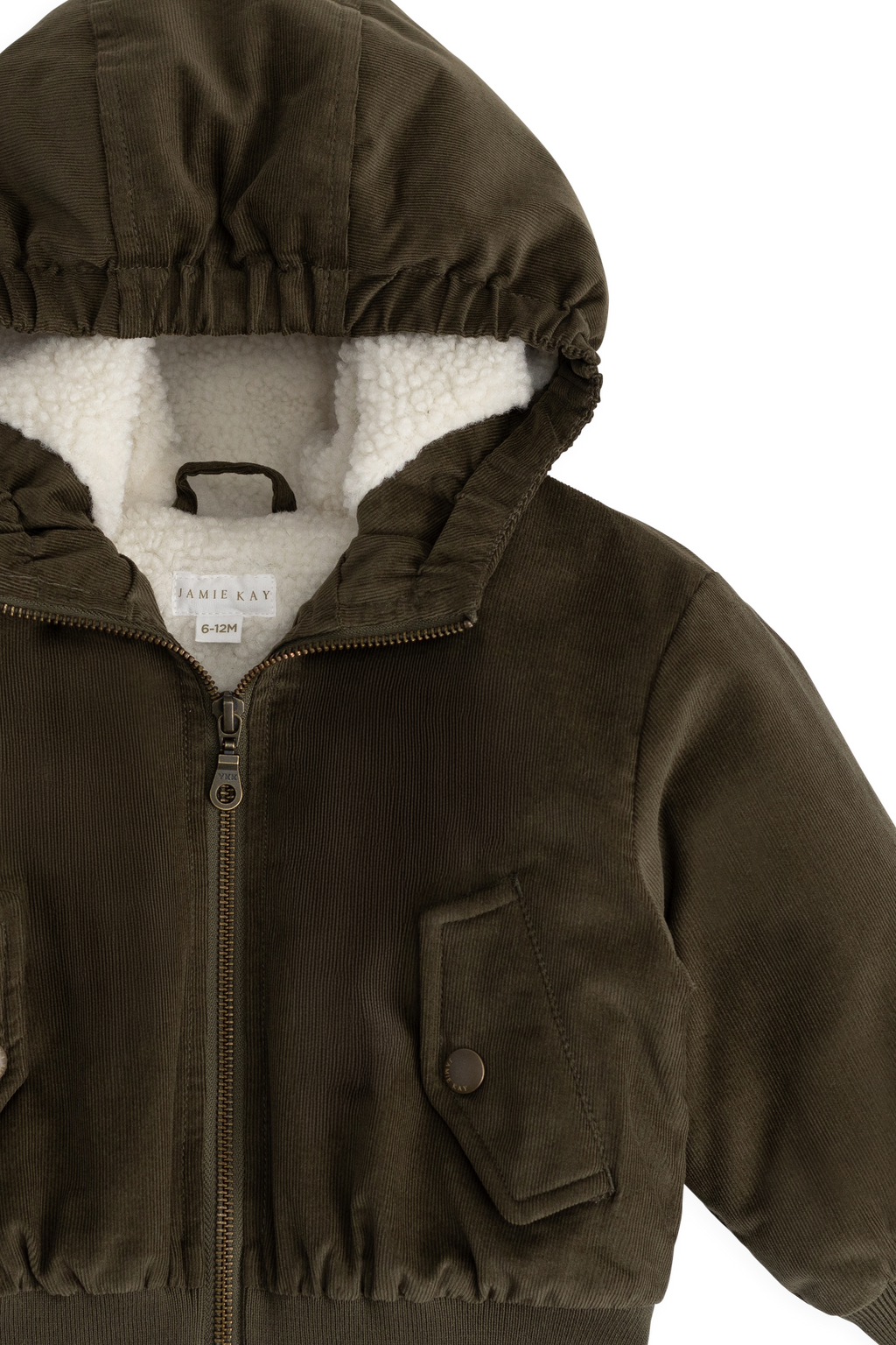 Blouson à capuche en velours côtelé vert olive foncé pour garçon avec doublure en peluche et poignets côtelés