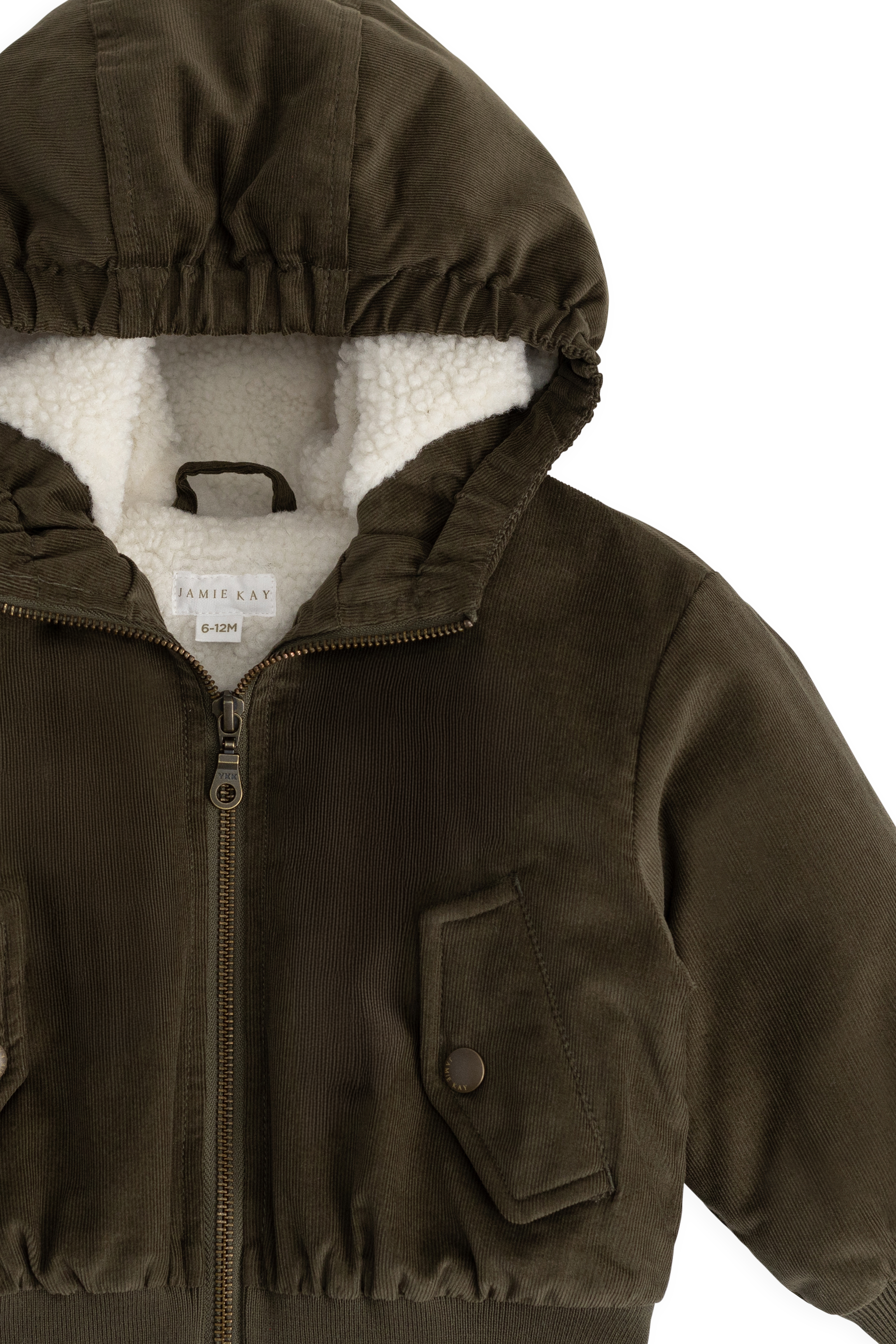 Blouson à capuche en velours côtelé vert olive foncé pour garçon avec doublure en peluche et poignets côtelés