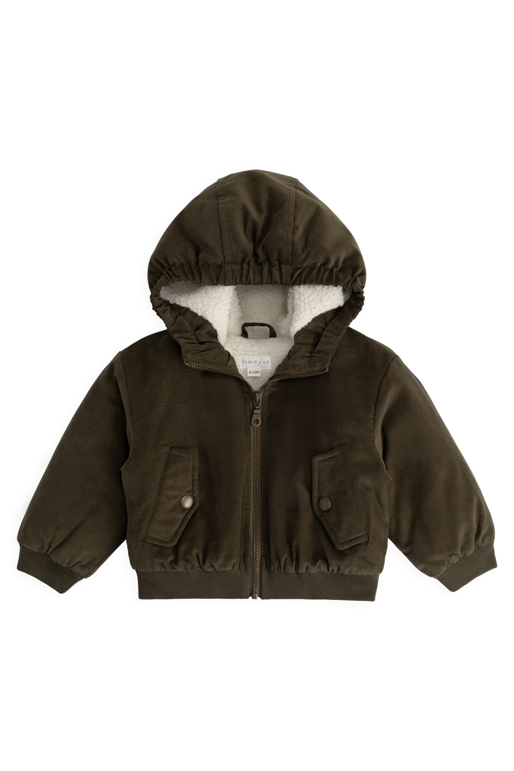Blouson à capuche en velours côtelé vert olive foncé pour garçon avec doublure en peluche et poignets côtelés