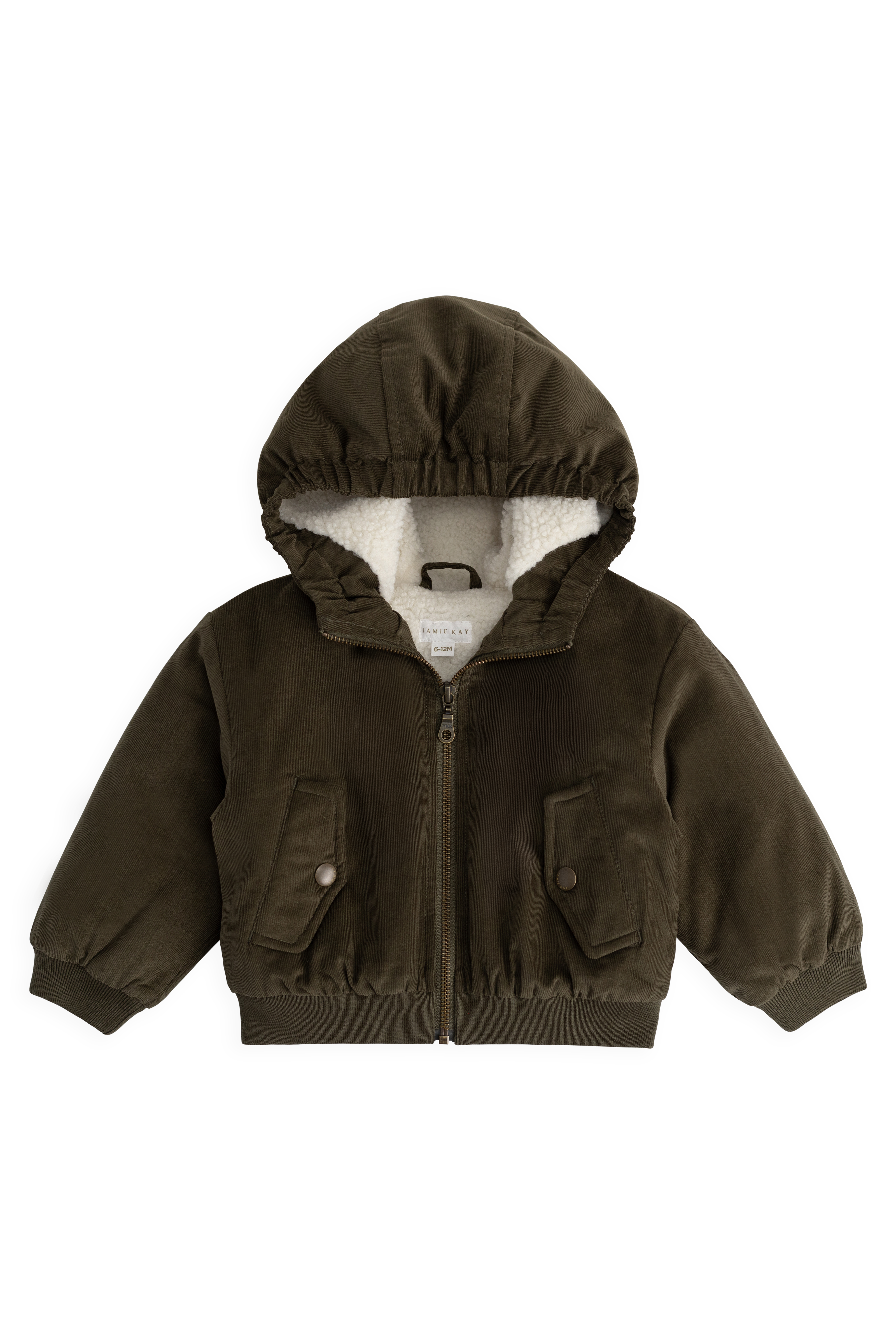 Blouson à capuche en velours côtelé vert olive foncé pour garçon avec doublure en peluche et poignets côtelés