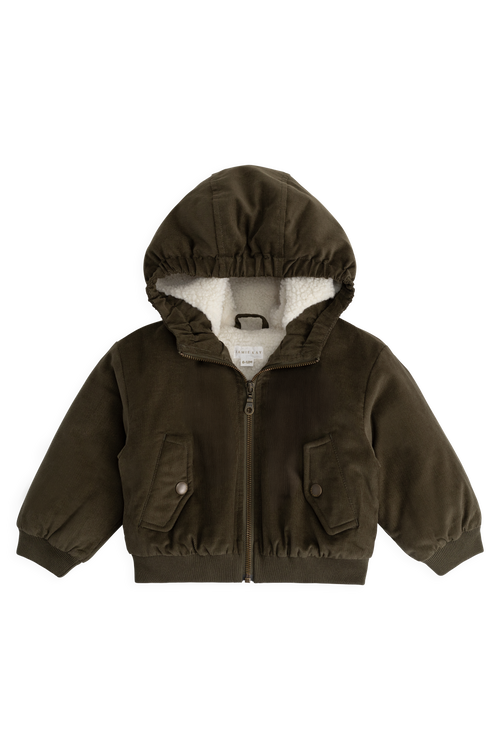 Blouson à capuche en velours côtelé vert olive foncé pour garçon avec doublure en peluche et poignets côtelés