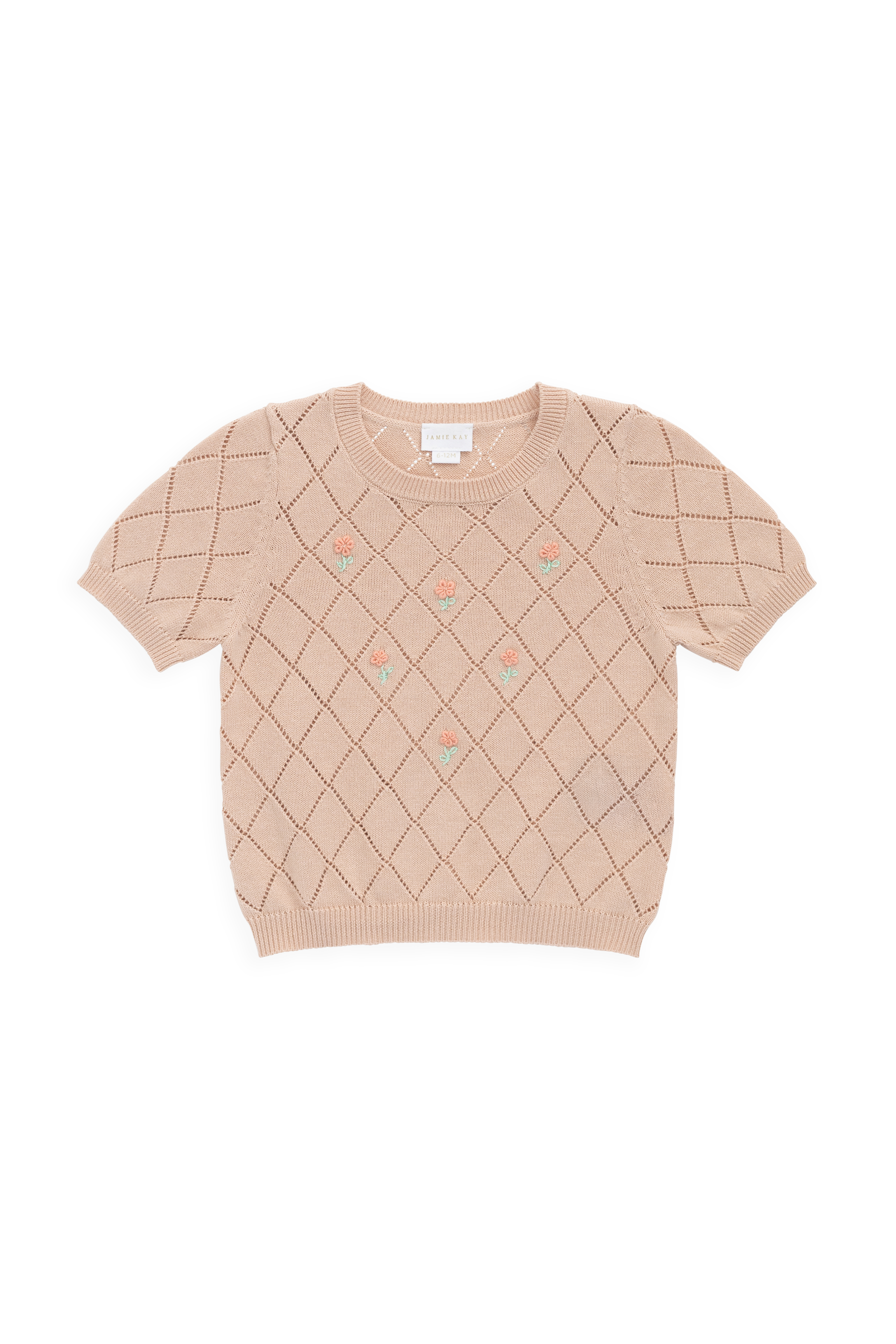 Haut en coton tricoté rose diamant à manches courtes brodé floral pour filles
