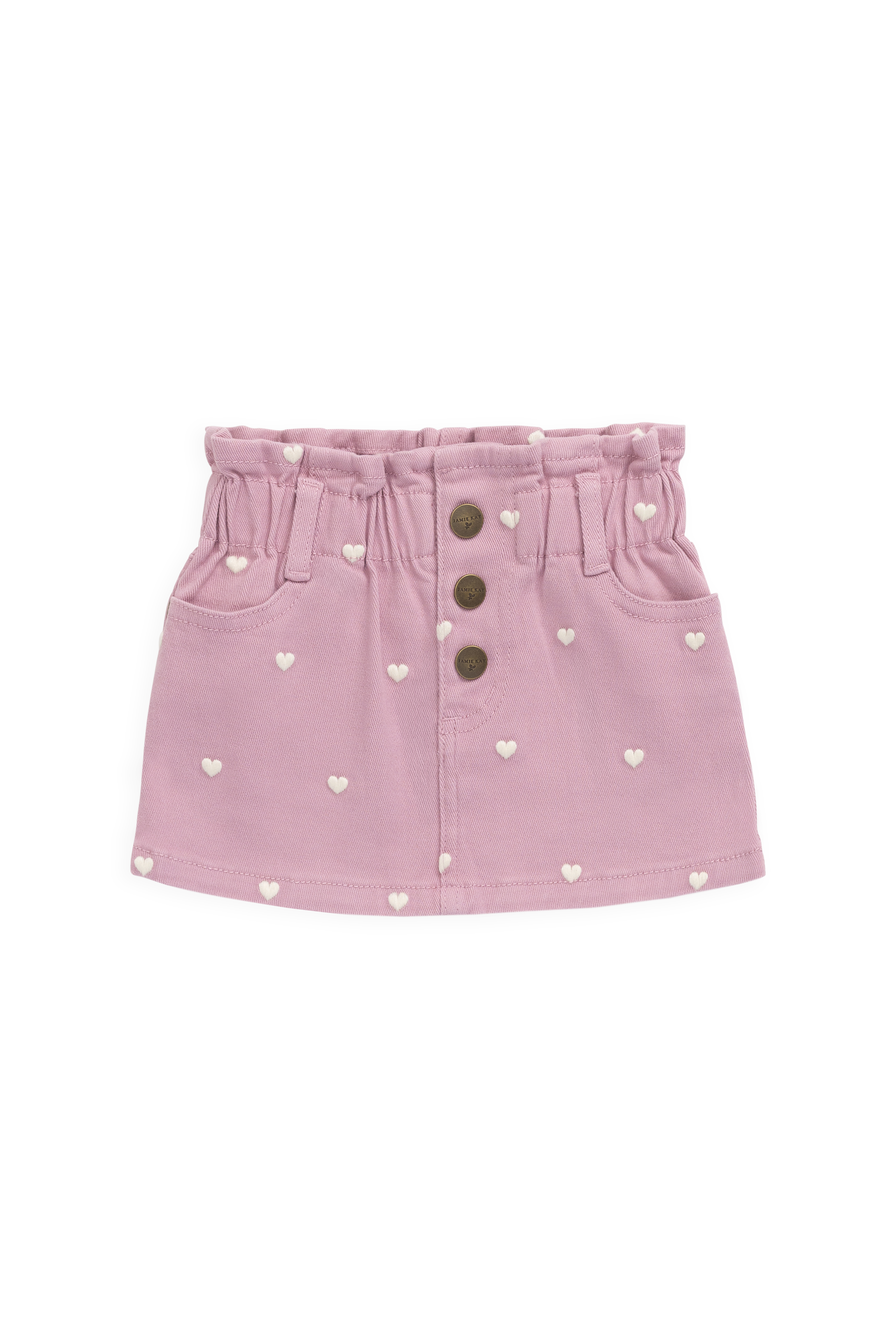 Jupe Courte Fille Cœur Brodé Coton Rose Orchidée Taille Élastique
