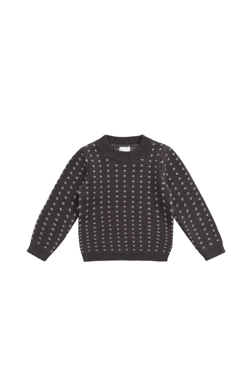 Pull en tricot de coton à col rond Diamond pour garçons, marron foncé