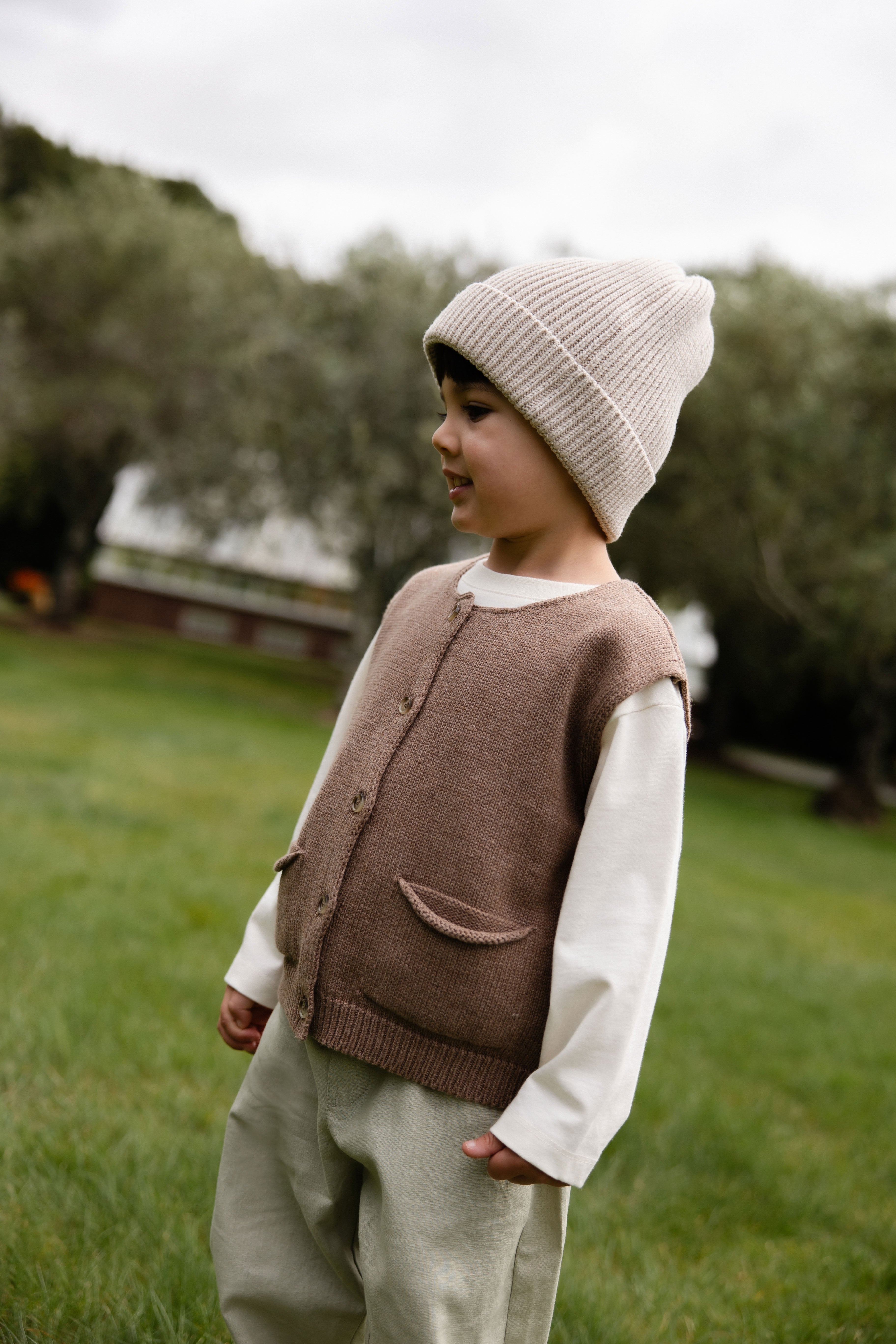 Pantalon à jambe droite en lin et coton vert sauge pour enfants garçons