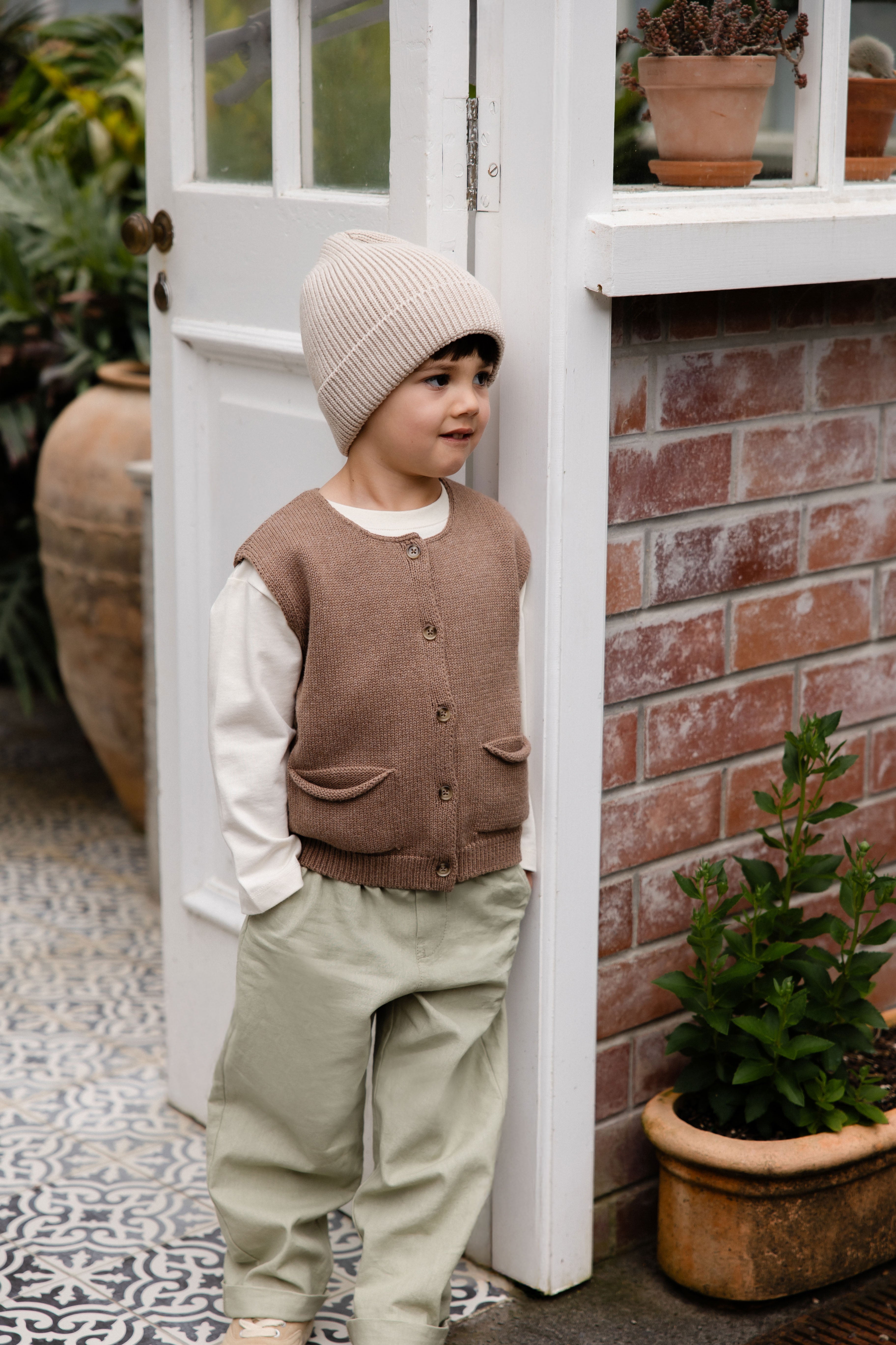 Pantalon à jambe droite en lin et coton vert sauge pour enfants garçons