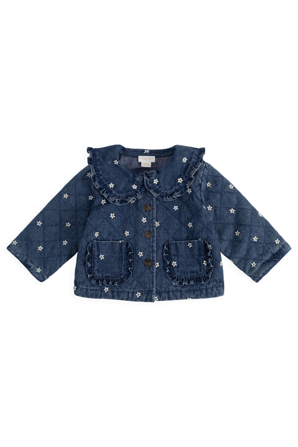 Blouson boutonné rembourré en jean orné de volants au col, imprimé floral, pour fille, bleu