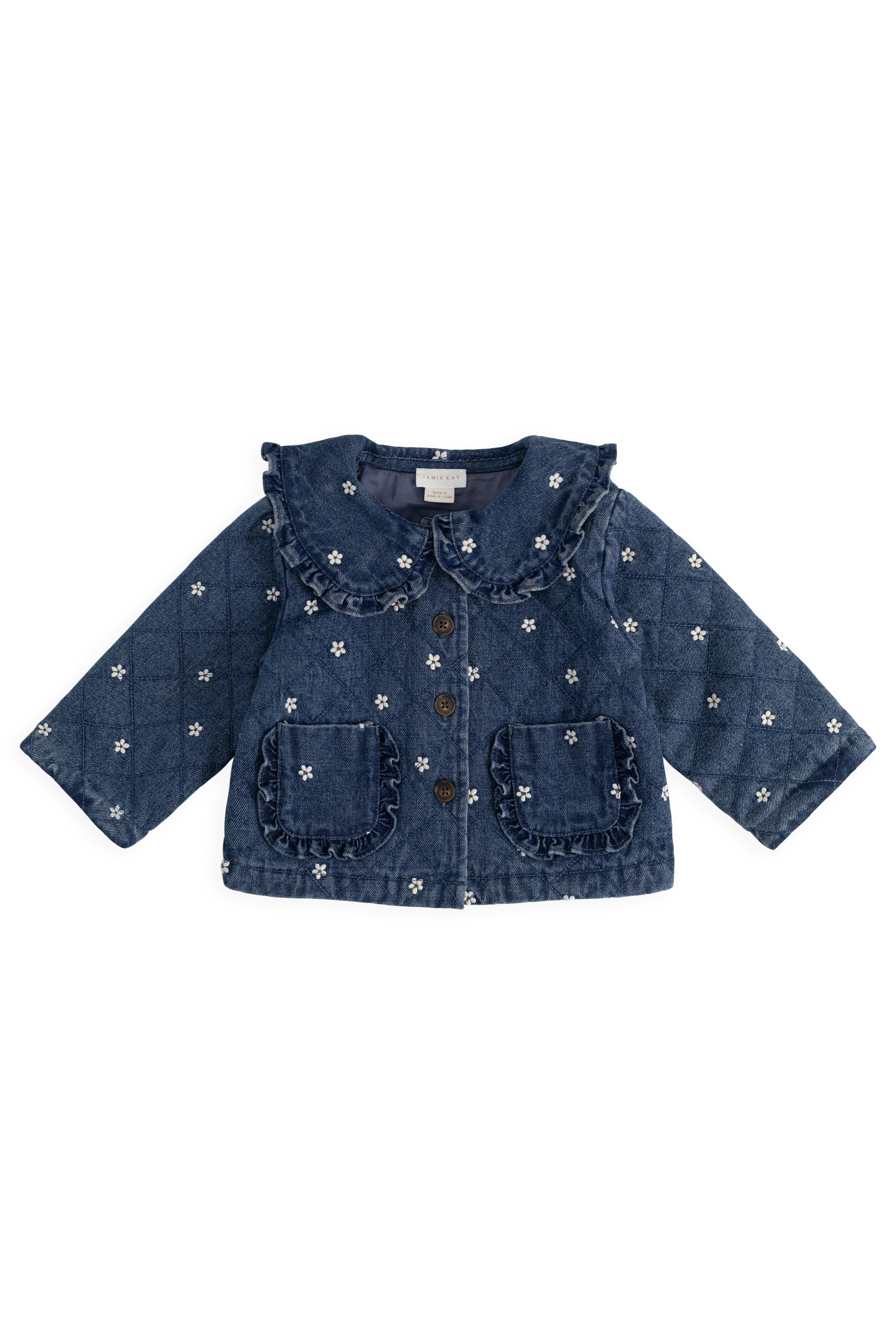 Blouson boutonné rembourré en jean orné de volants au col, imprimé floral, pour fille, bleu