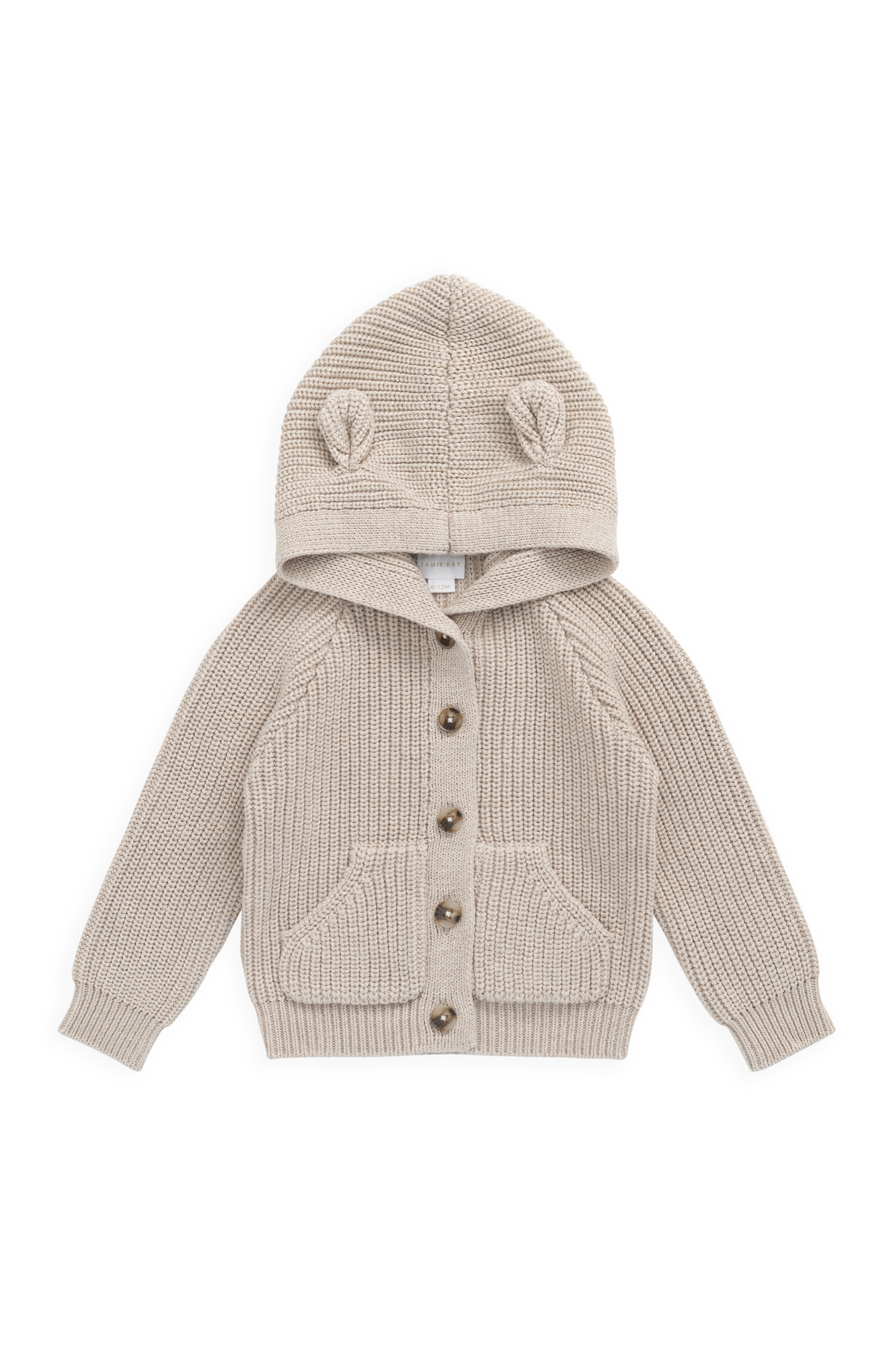 Cardigan tricoté à capuche en forme d'oreilles d'ours, avec boutons, pour bébés et tout-petits, couleur avoine