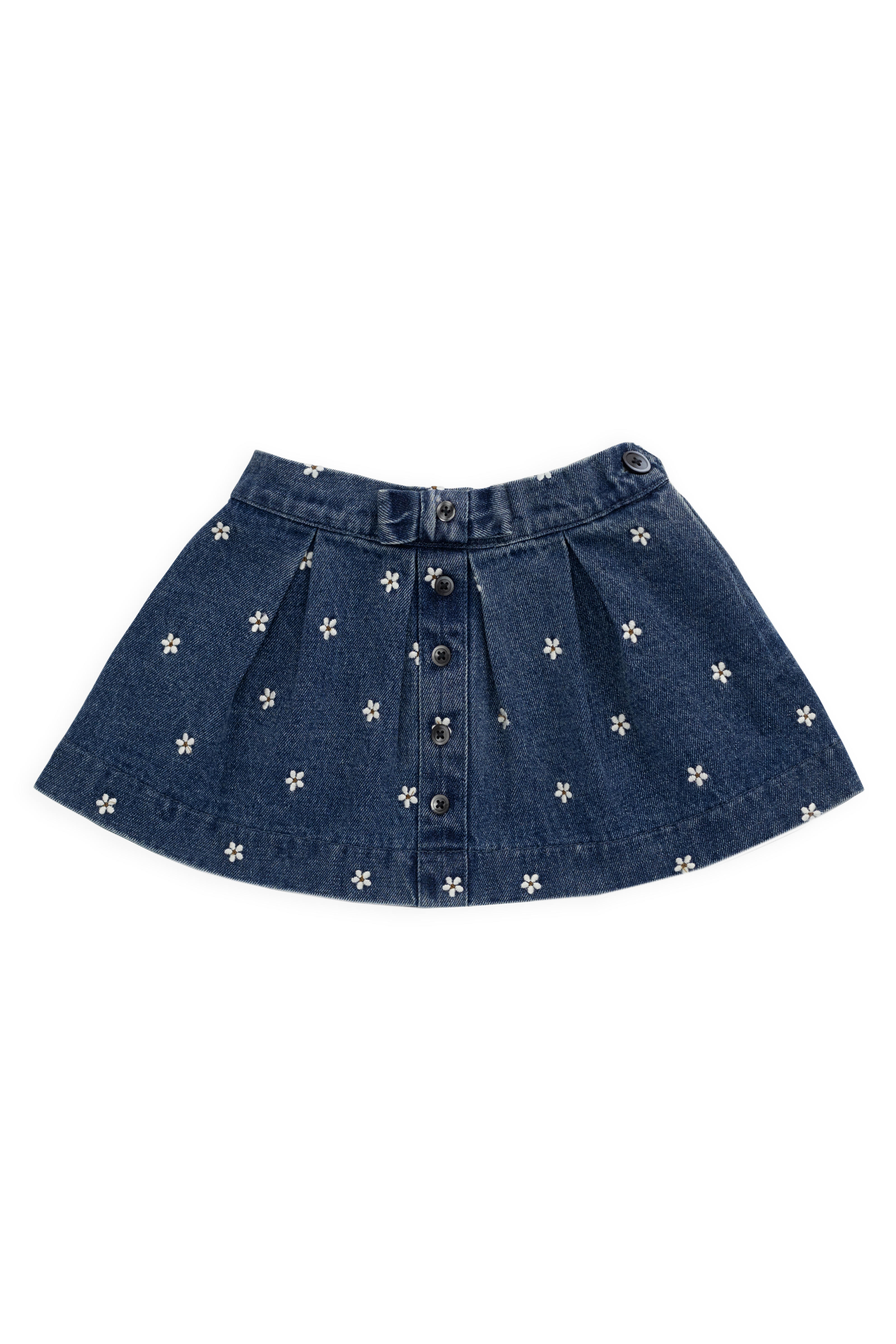 Jupe plissée évasée en jean bleu pour fille avec broderies florales et boutonnage sur le devant