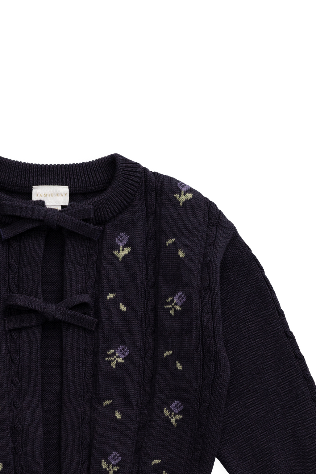 Gilet en maille de coton jacquard floral bleu marine pour fille avec nœud à l'encolure