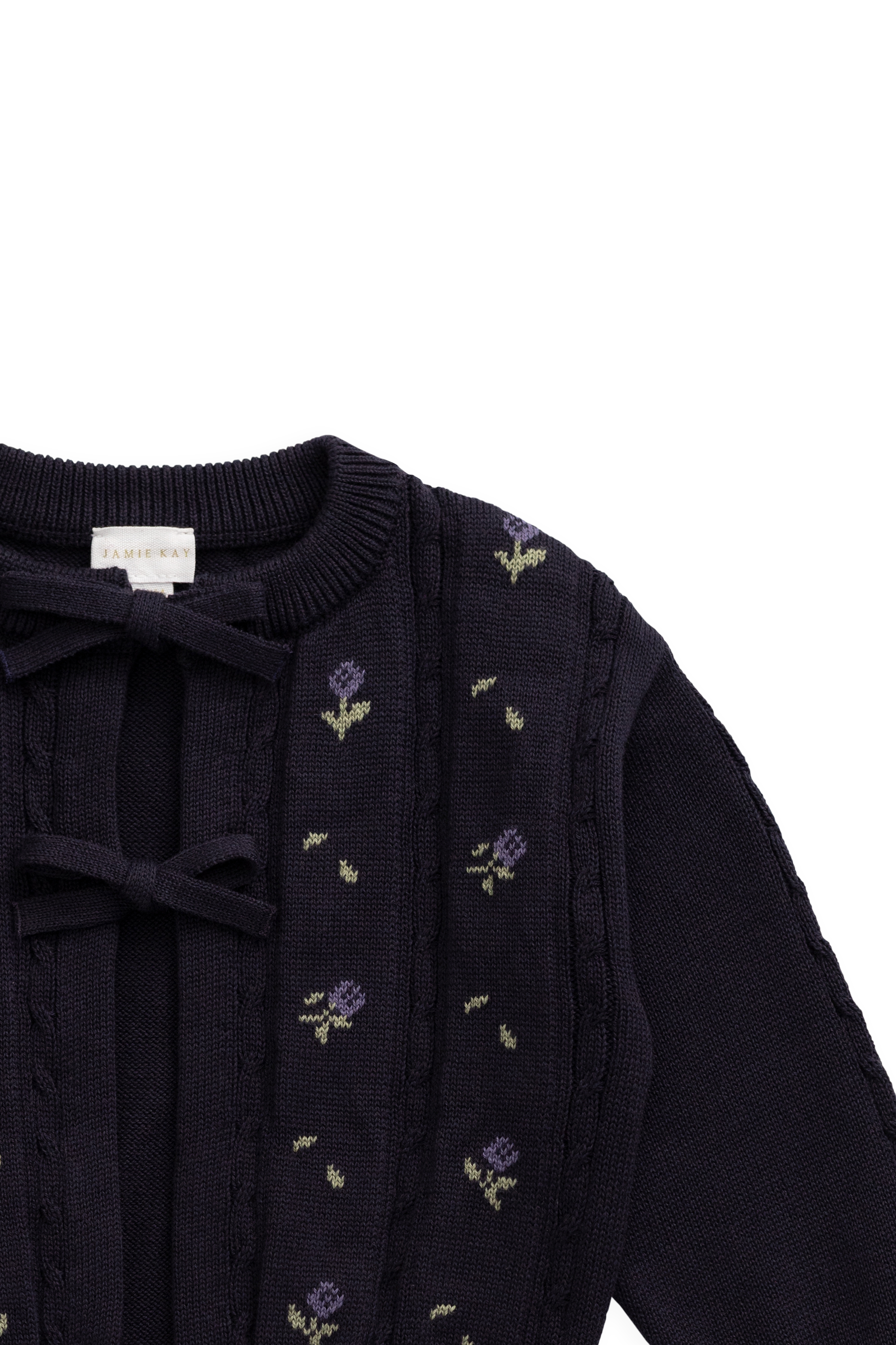 Gilet en maille de coton jacquard floral bleu marine pour fille avec nœud à l'encolure