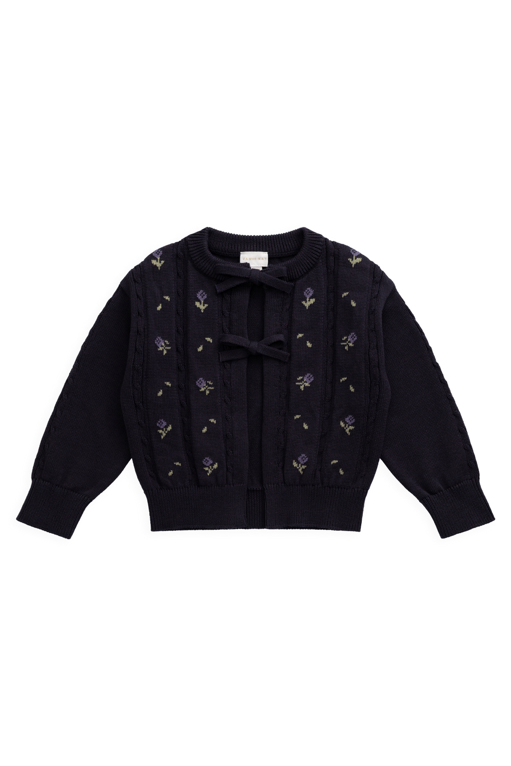 Gilet en maille de coton jacquard floral bleu marine pour fille avec nœud à l'encolure