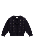 Gilet en maille de coton jacquard floral bleu marine pour fille avec nœud à l'encolure