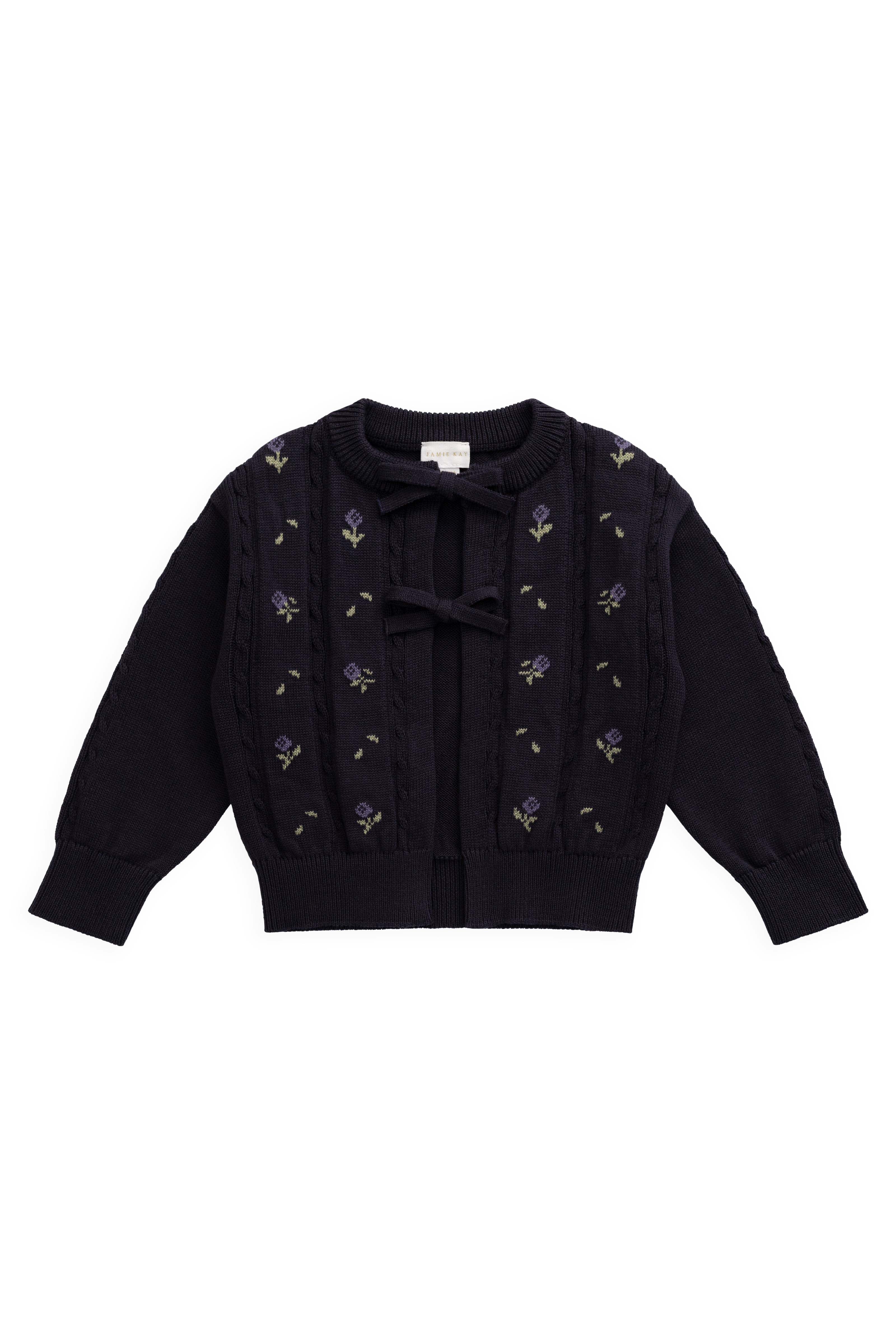 Gilet en maille de coton jacquard floral bleu marine pour fille avec nœud à l'encolure