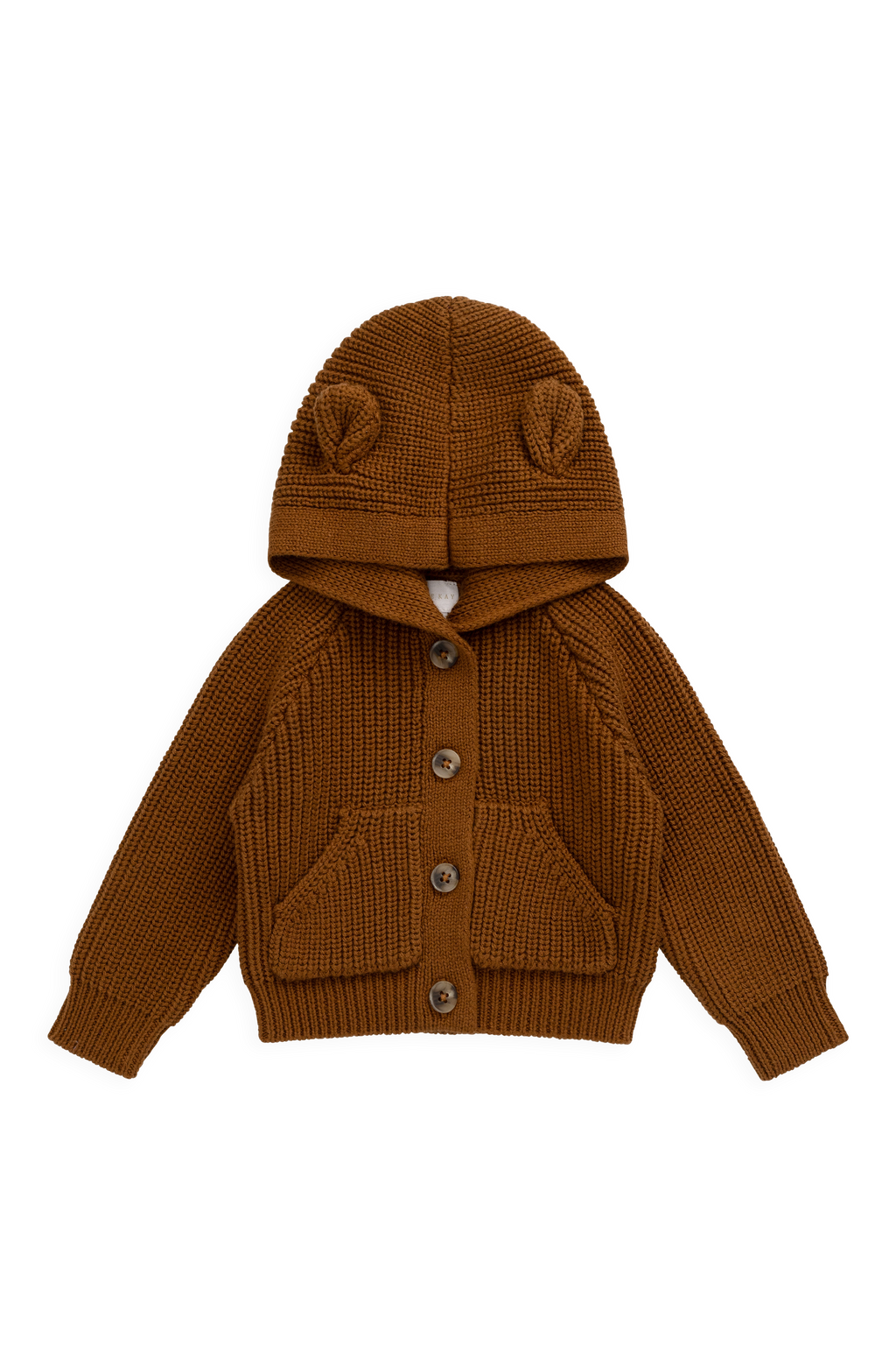 Cardigan bébé en tricot de coton marron chaud à capuche avec oreilles d'ours et poches