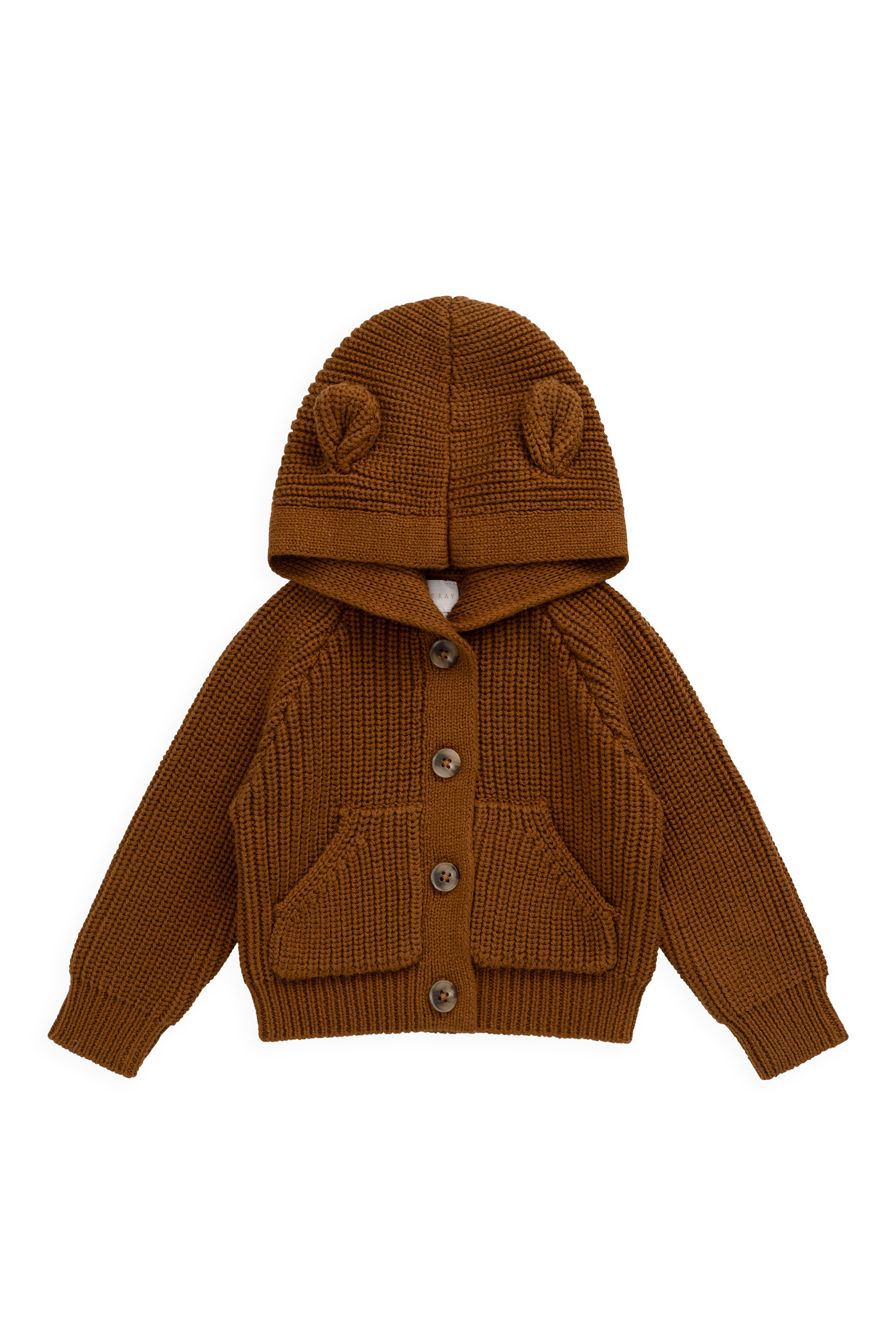 Cardigan bébé en tricot de coton marron chaud à capuche avec oreilles d'ours et poches