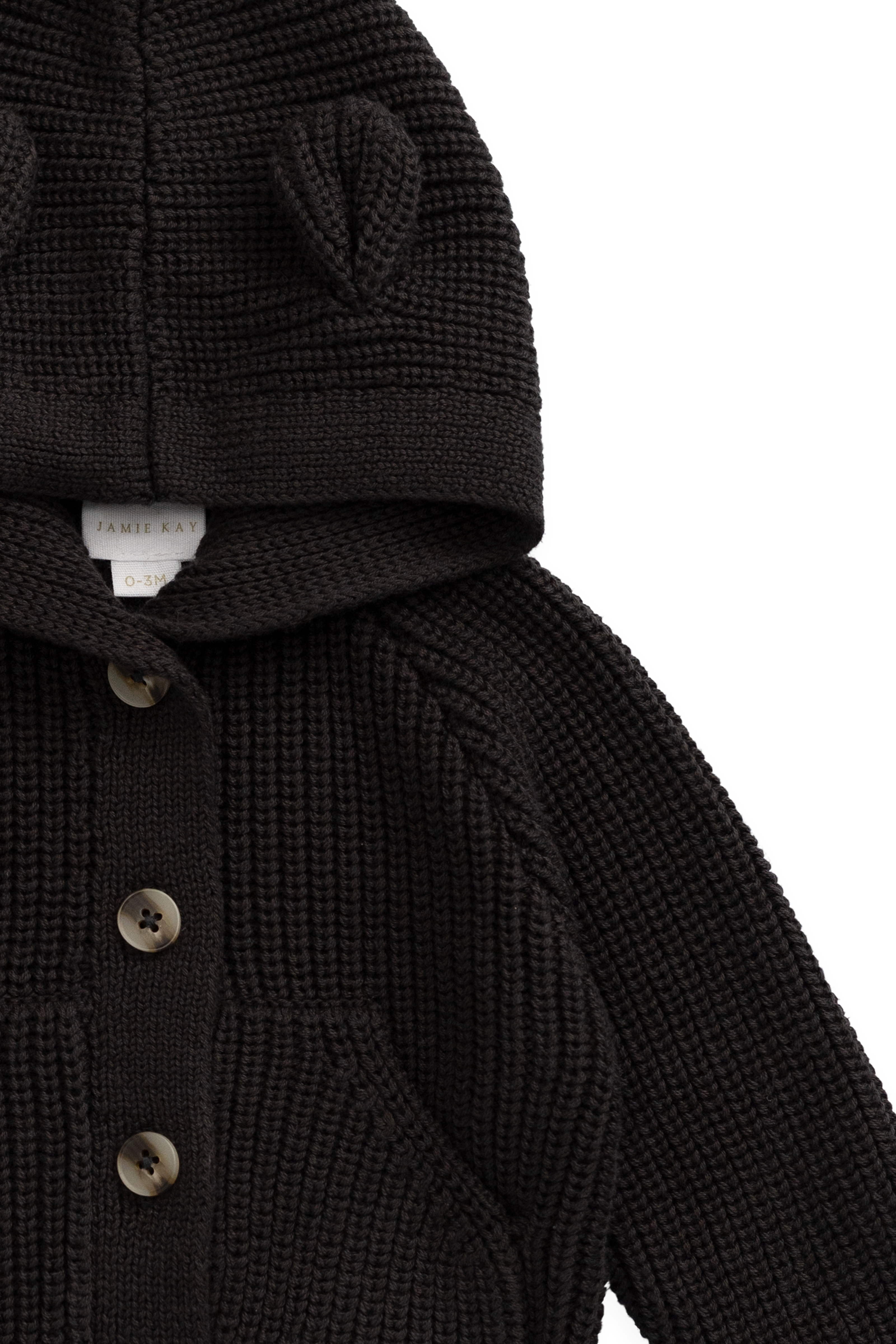 Gilet bébé/tout-petit à capuche et oreilles d'ours en tricot gris foncé, boutonné