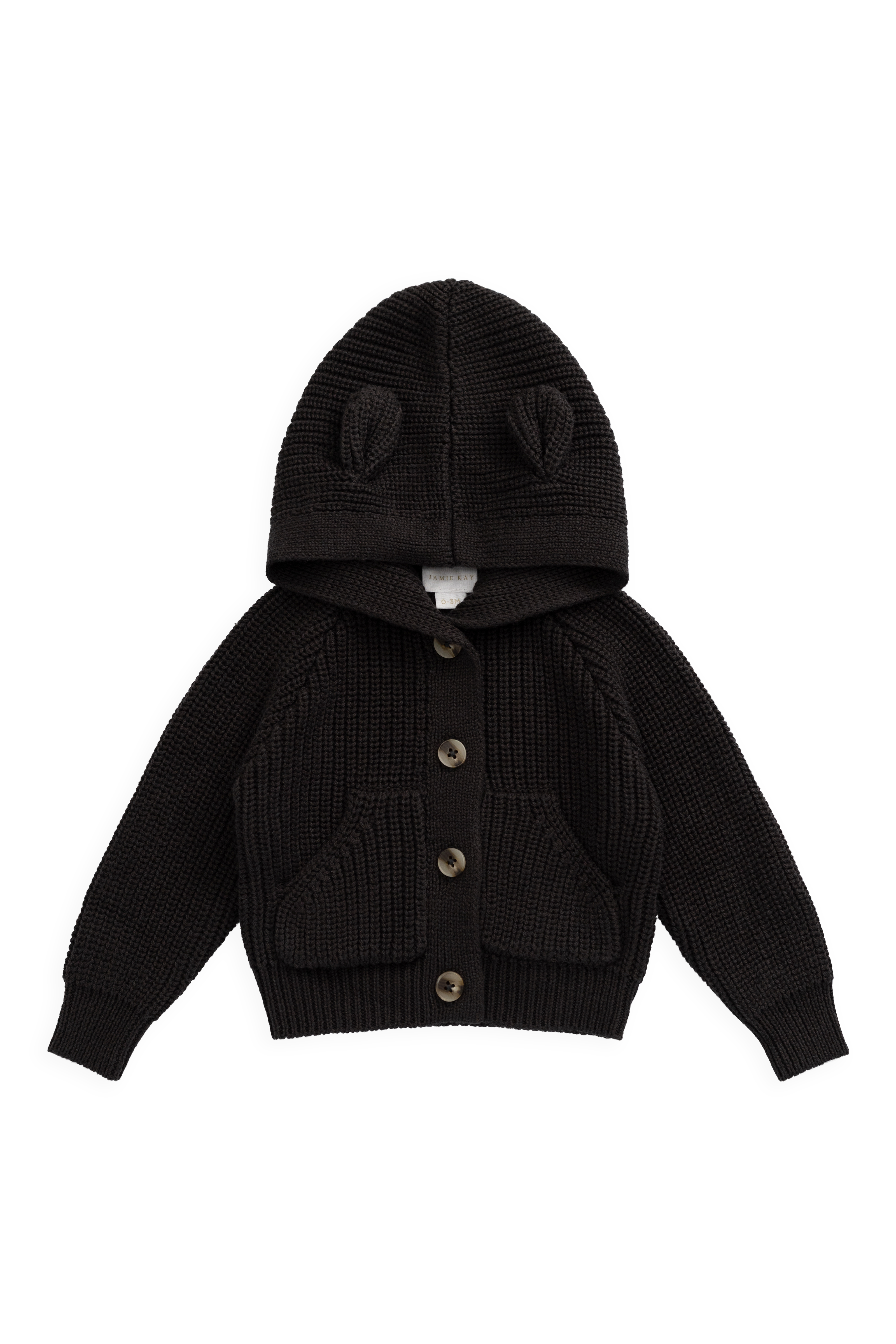 Gilet bébé/tout-petit à capuche et oreilles d'ours en tricot gris foncé, boutonné