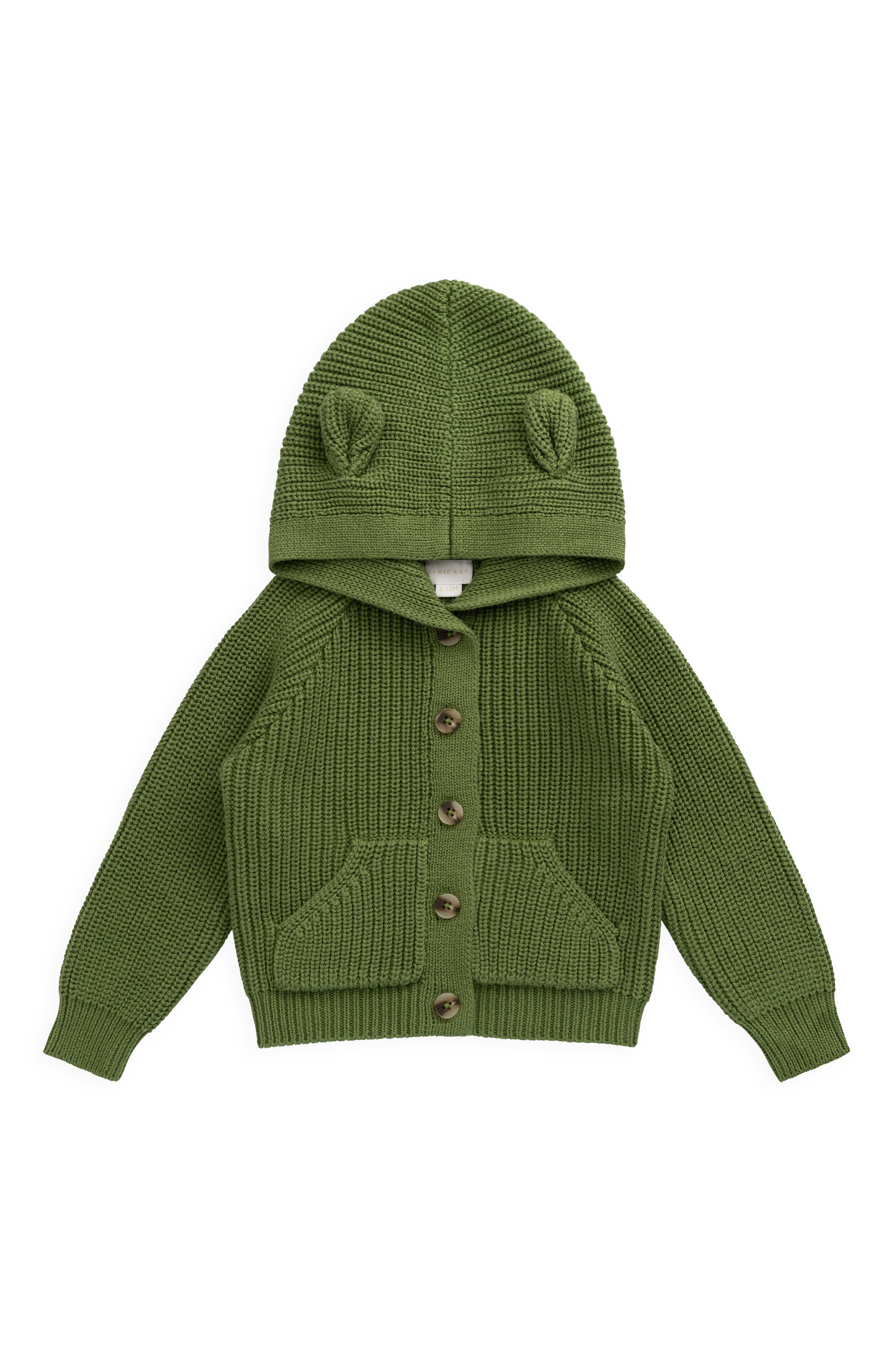 Gilet en tricot avec oreilles d'ours et capuche pour bébé et tout-petit, boutonné sur le devant, vert