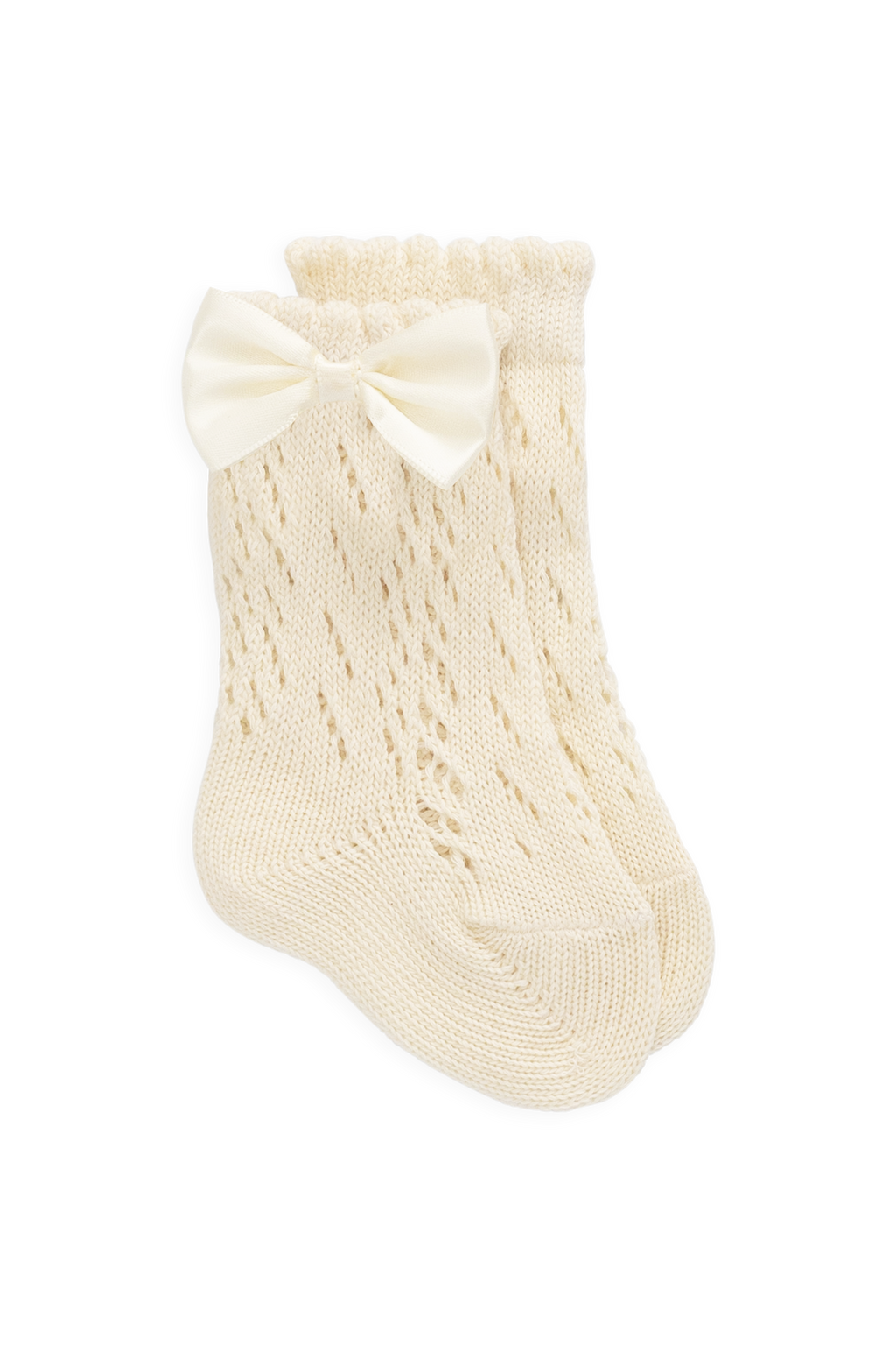 Chaussettes courtes crème avec nœud pour filles, bord festonné, maille texturée