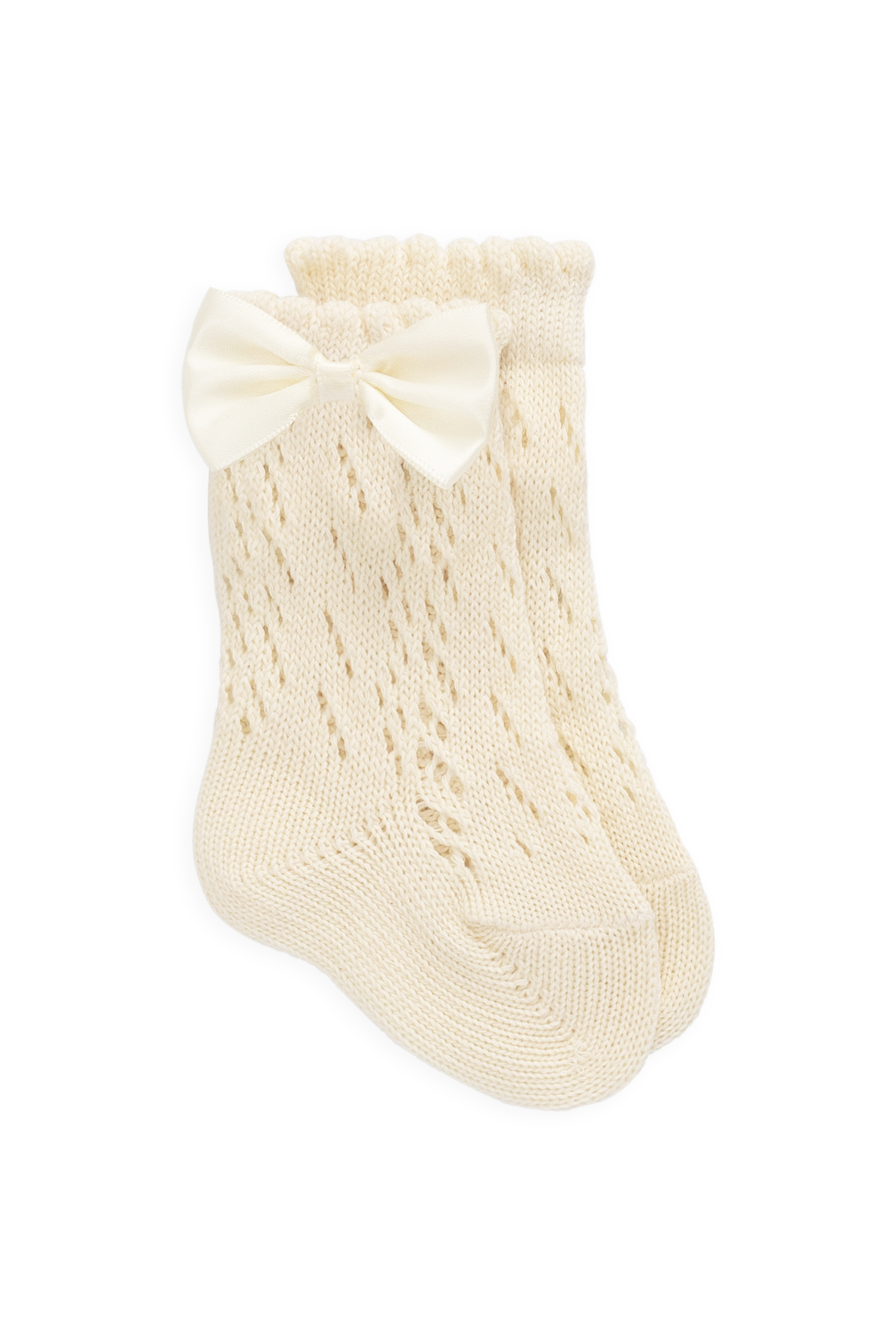 Chaussettes courtes crème avec nœud pour filles, bord festonné, maille texturée