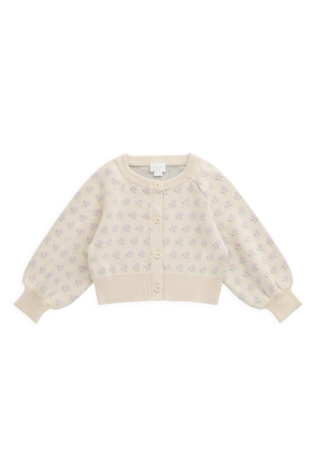 Cardigan Fille en Coton Tricoté Crème à Fleurs, Manches Bouffantes et Boutons sur le Devant