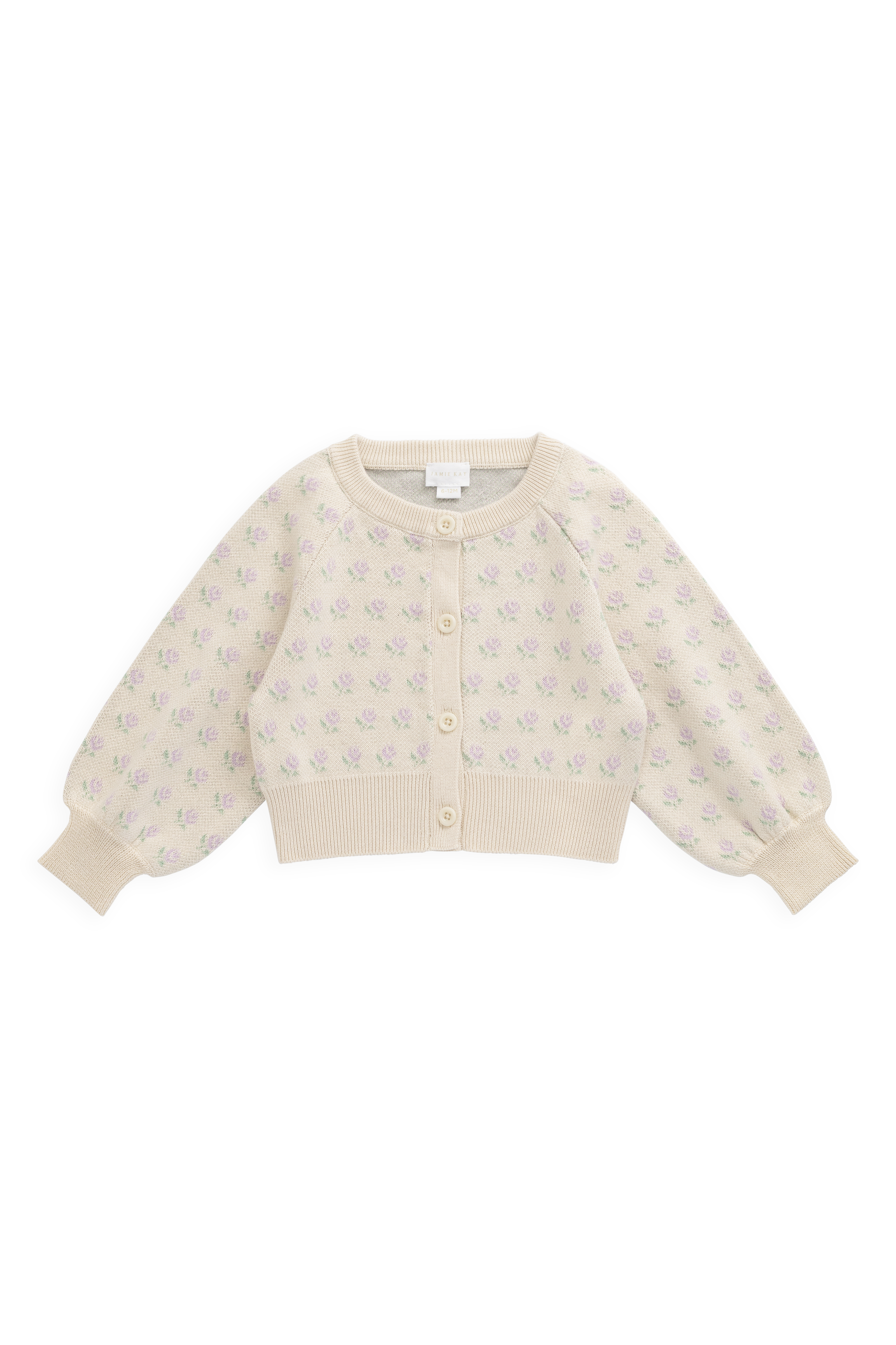 Cardigan Fille en Coton Tricoté Crème à Fleurs, Manches Bouffantes et Boutons sur le Devant