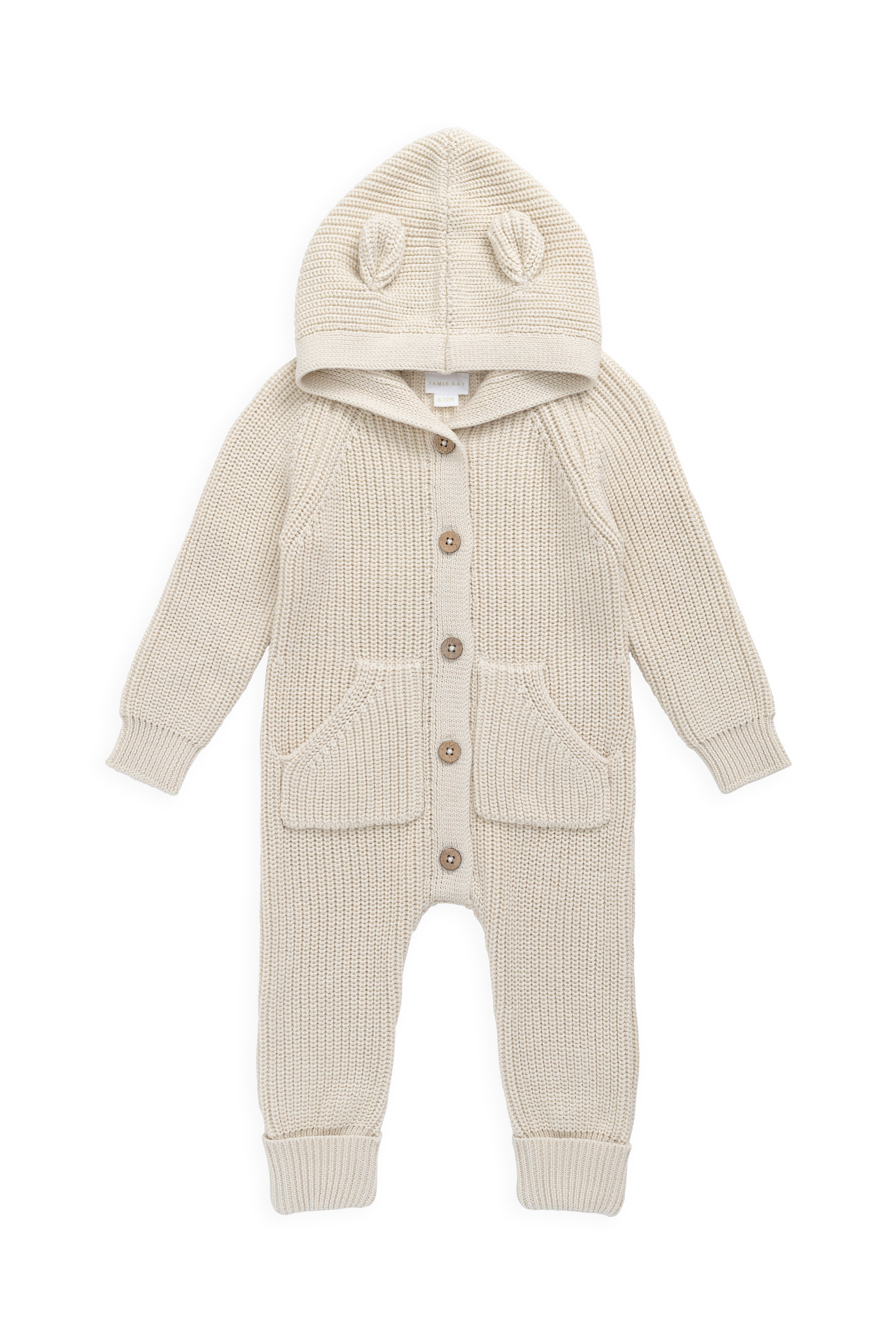 Combinaison bébé-tout-petit en coton tricoté à capuche oreilles d'ours, douce et chaude, couleur vanille et neutre