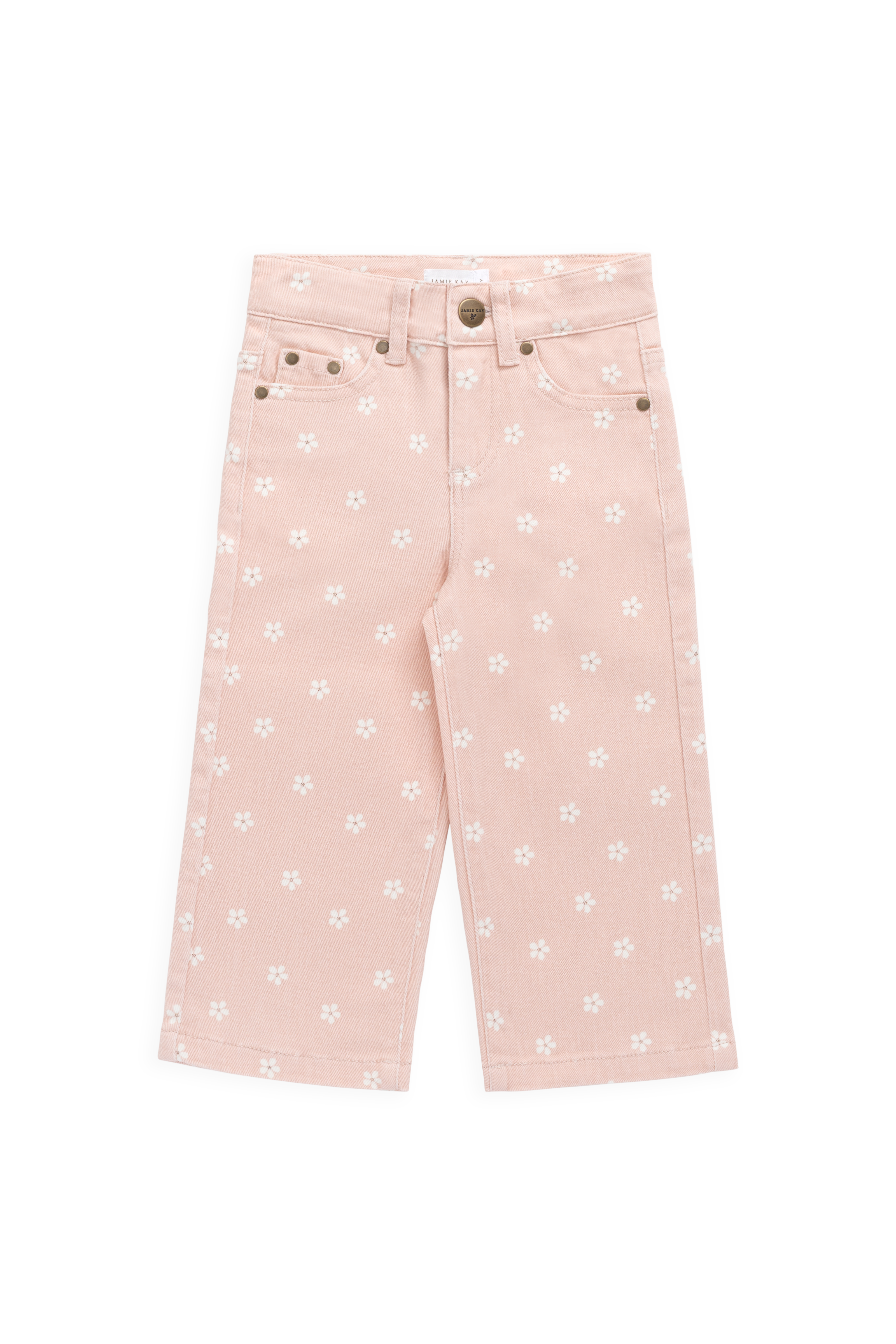 Pantalon en coton rose pour fille avec imprimé floral, coupe droite décontractée et poches