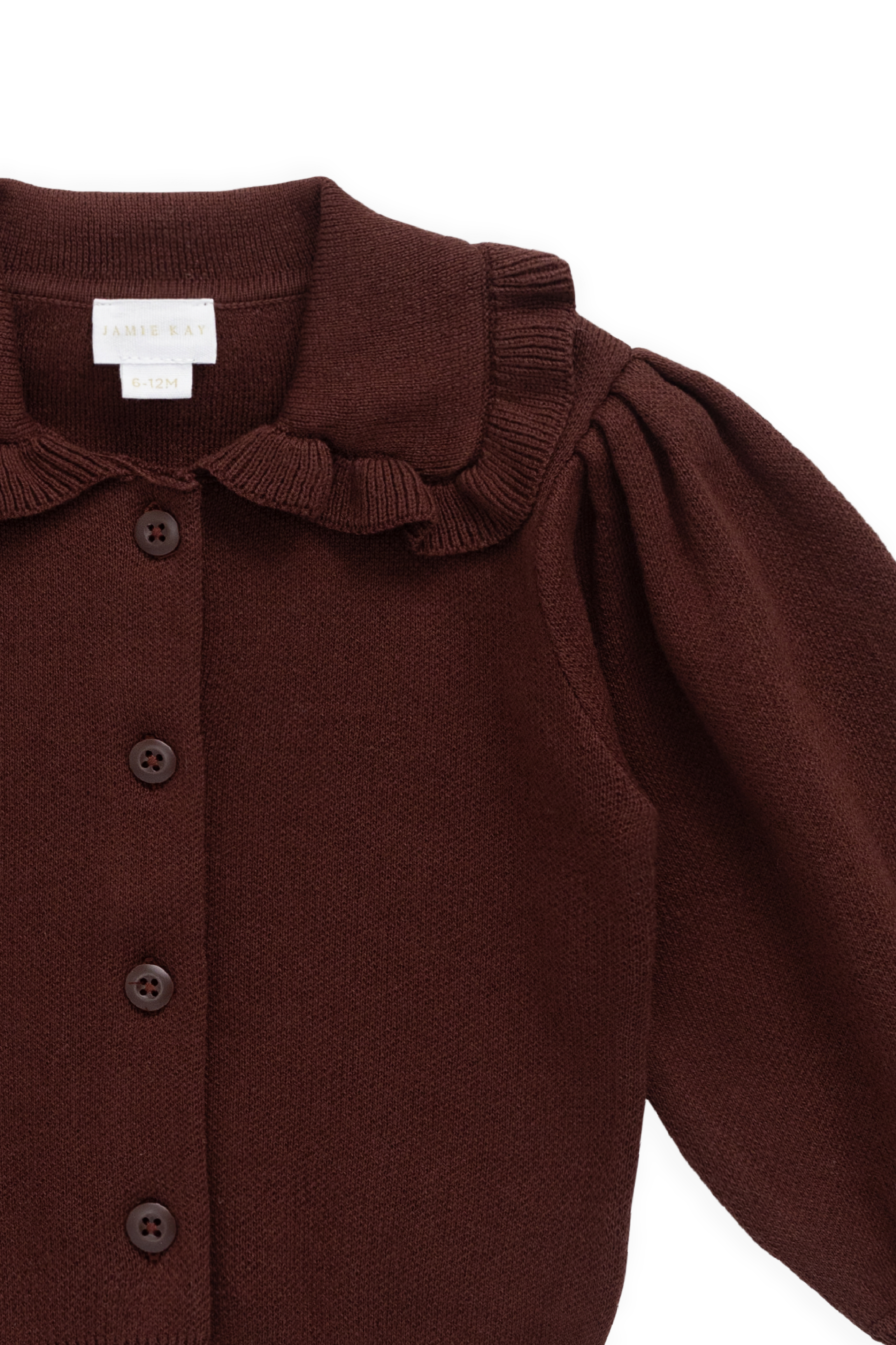 Gilet Boutonné en Tricot Marron Chocolat avec Col à Volants pour Fille
