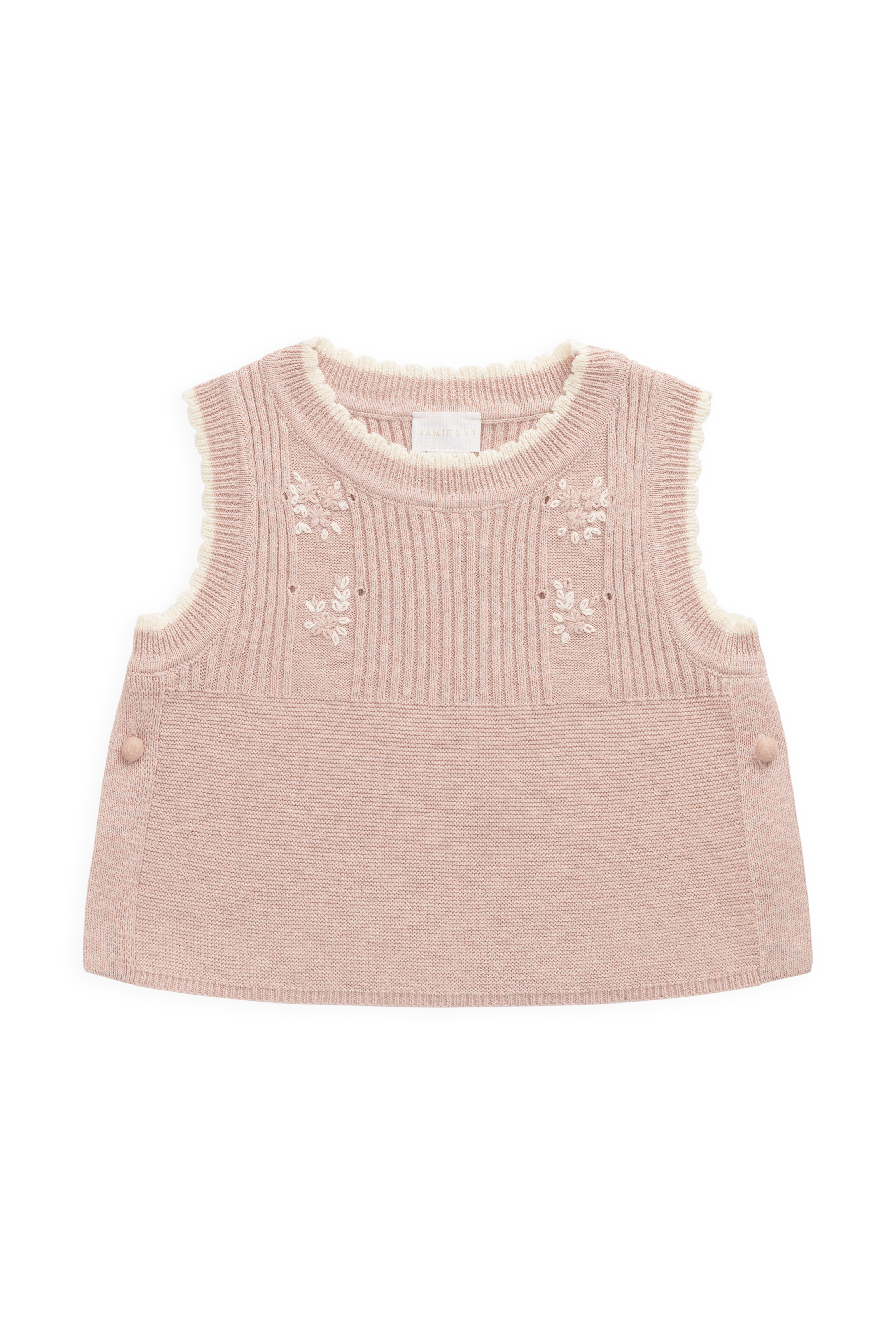 Haut en maille côtelée de coton sans manches pour fille, avec broderies florales, rose blush