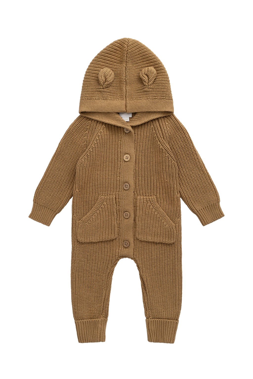 Grenouillère tricotée pour bébé, une pièce chaude et confortable, couleur brun fauve avec capuche à oreilles d'ours