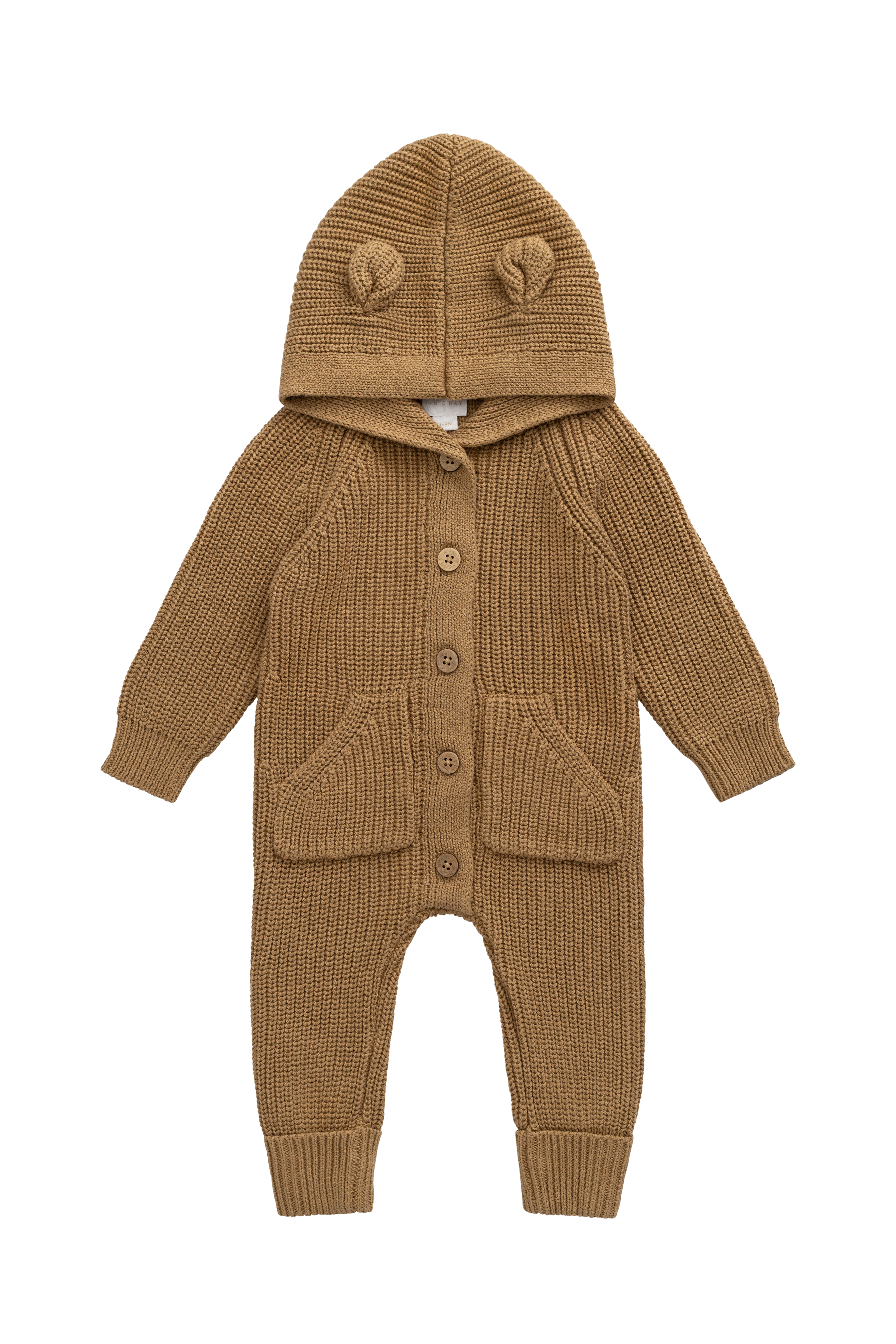 Grenouillère tricotée pour bébé, une pièce chaude et confortable, couleur brun fauve avec capuche à oreilles d'ours