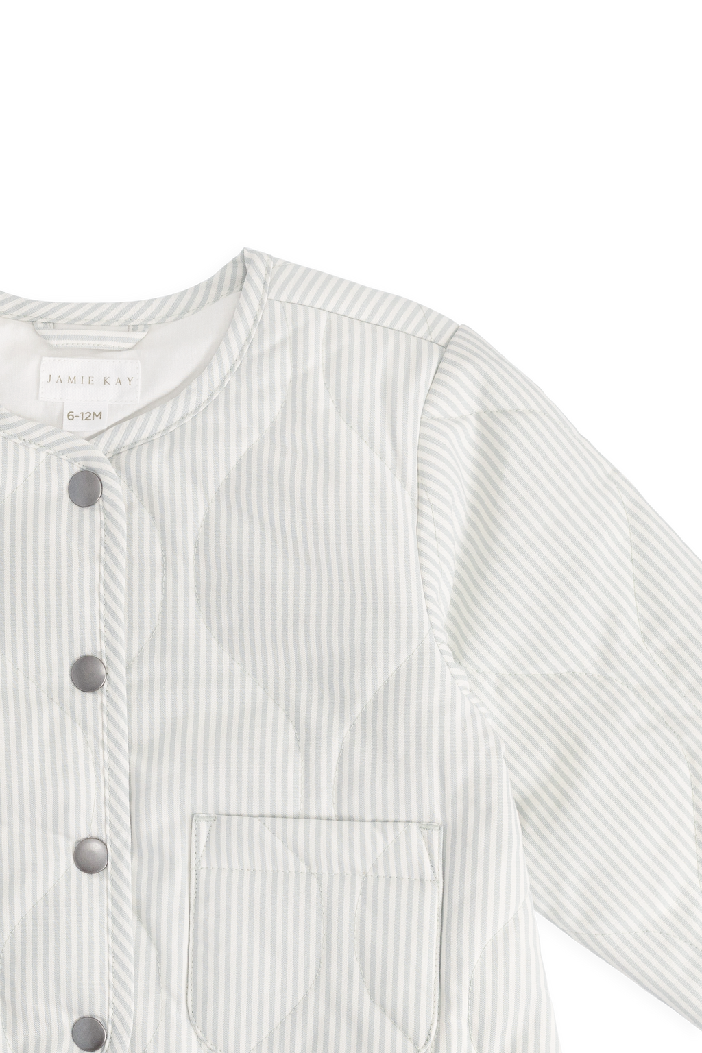 Veste matelassée boutonnée pour enfant, bleu nuage à fines rayures, avec poches plaquées