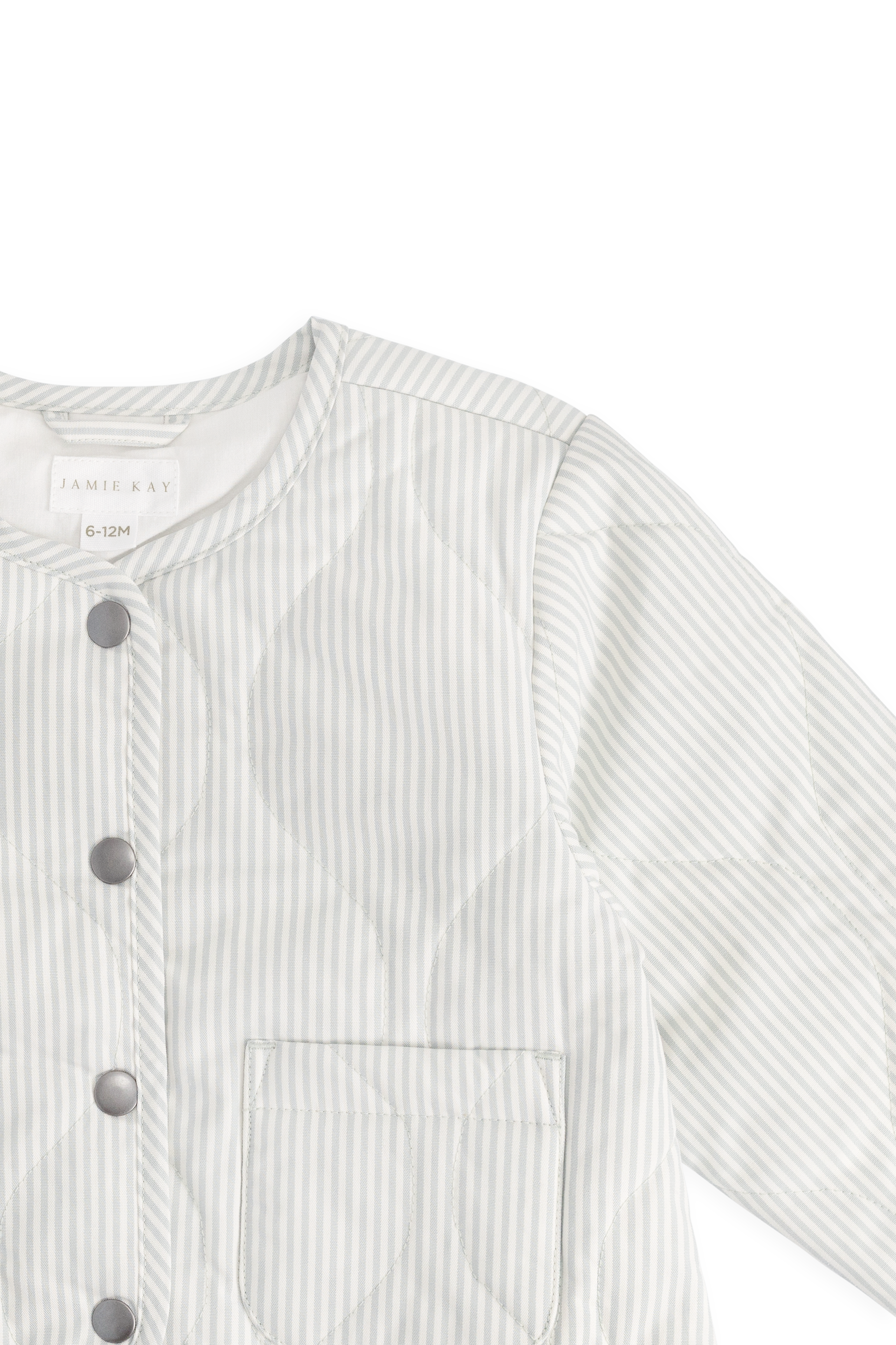 Veste matelassée boutonnée pour enfant, bleu nuage à fines rayures, avec poches plaquées