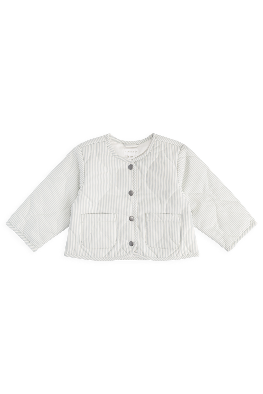 Veste matelassée boutonnée pour enfant, bleu nuage à fines rayures, avec poches plaquées