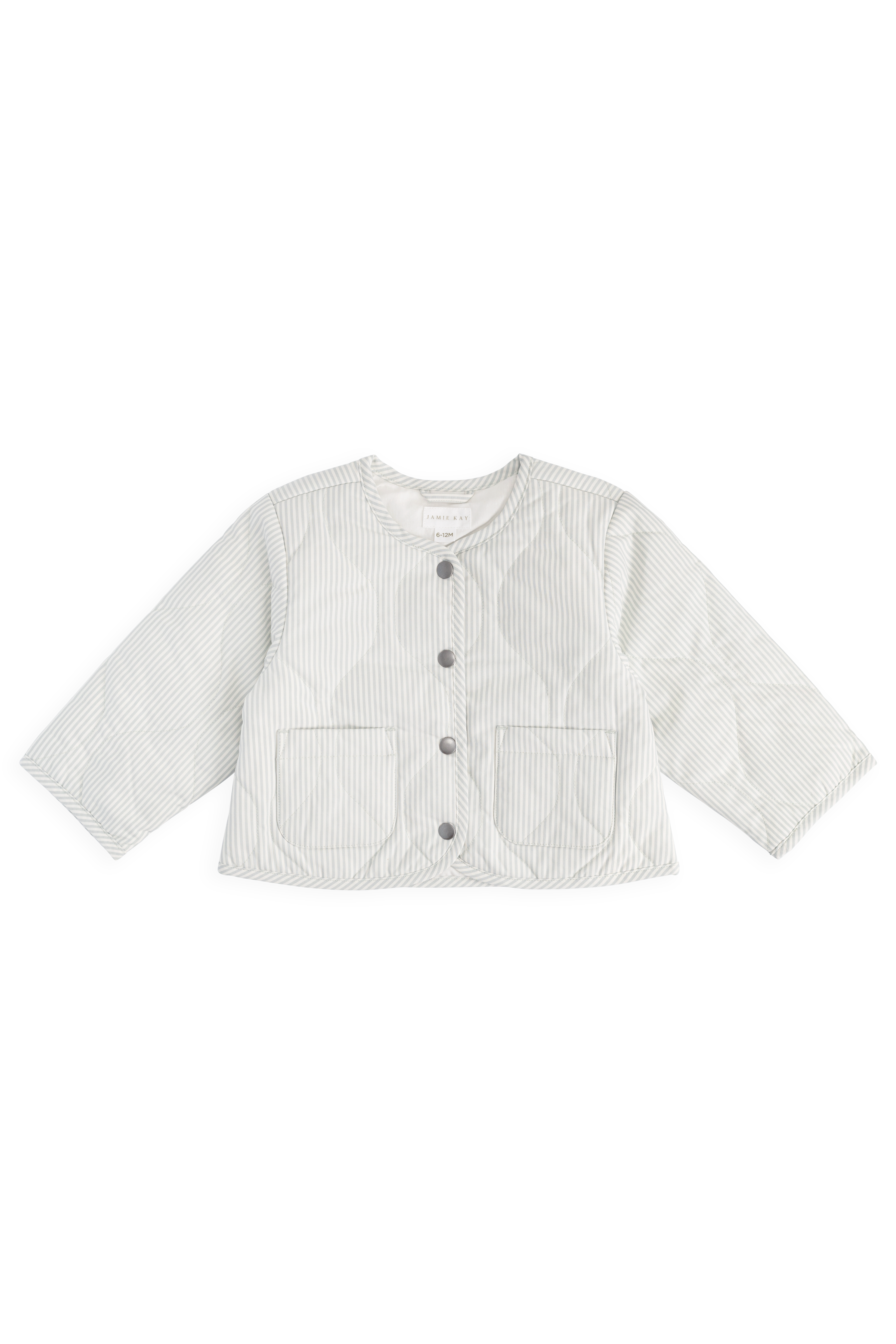 Veste matelassée boutonnée pour enfant, bleu nuage à fines rayures, avec poches plaquées