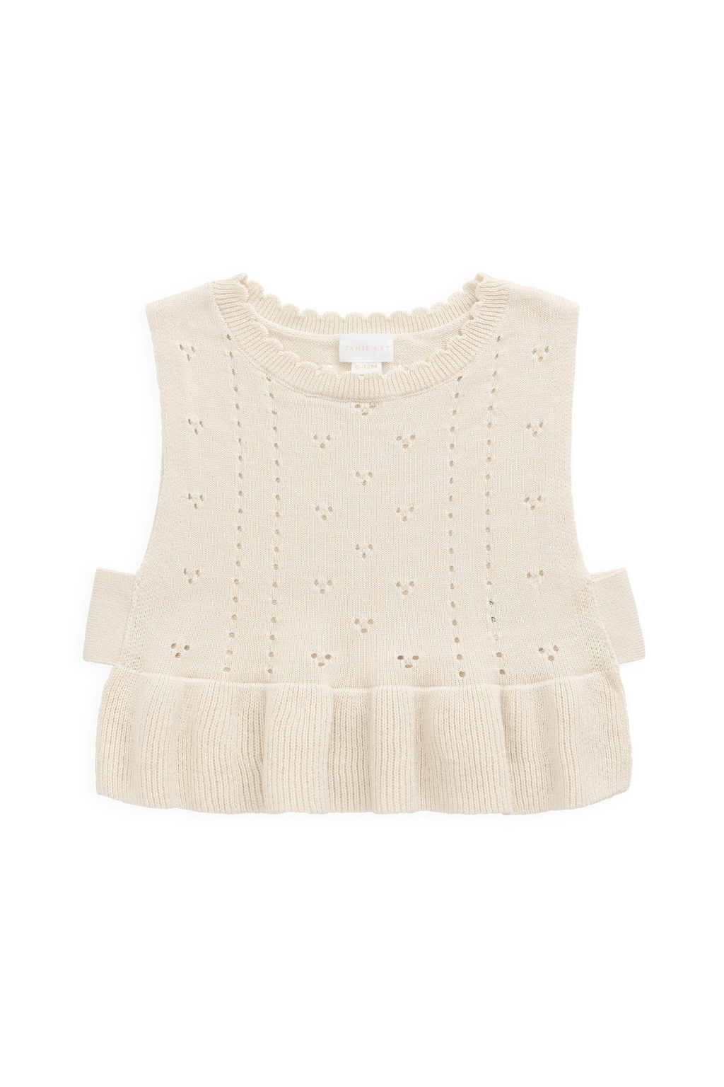 Haut sans manches en tricot texturé pour filles, en coton doux, col festonné, coloris vanille