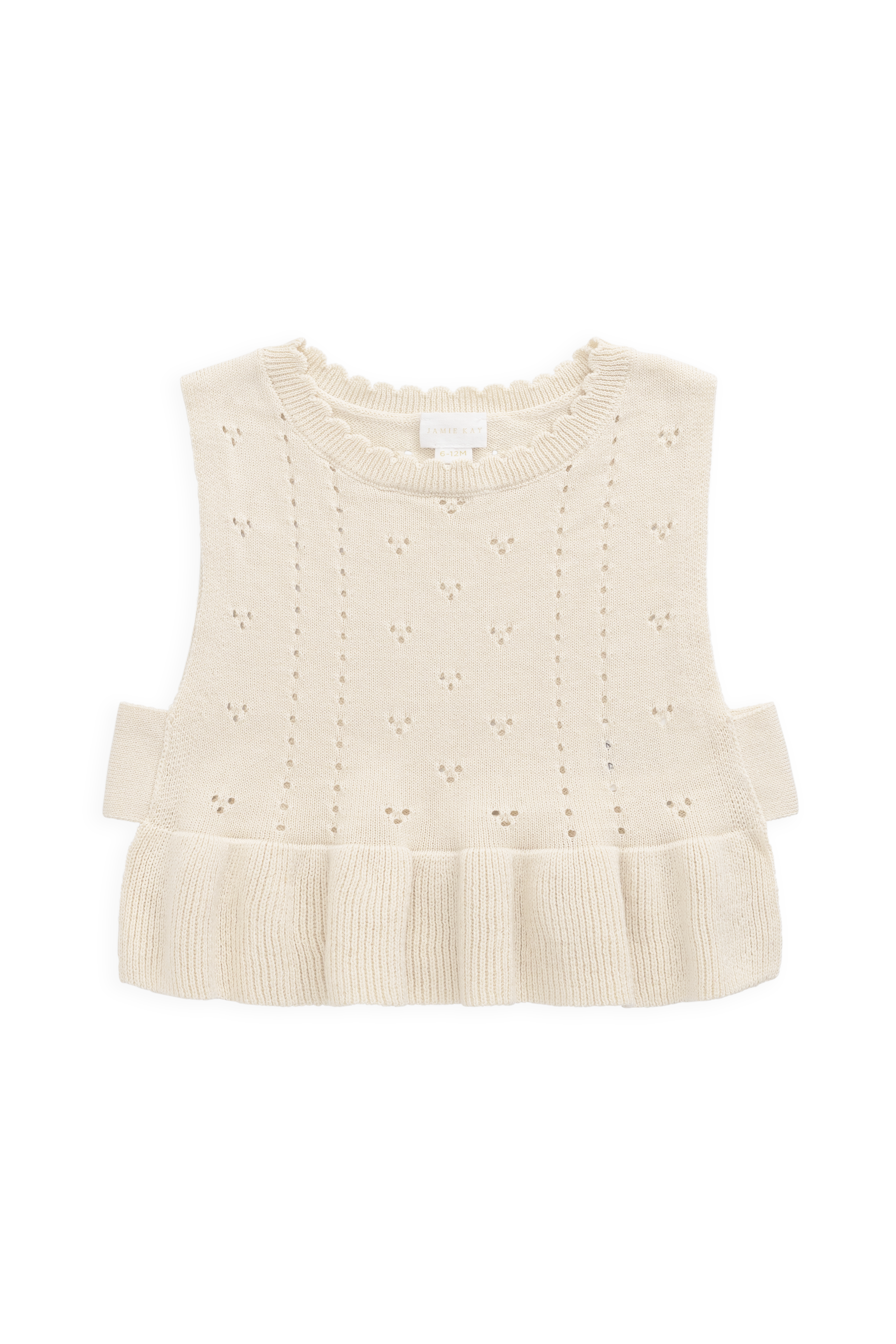 Haut sans manches en tricot texturé pour filles, en coton doux, col festonné, coloris vanille