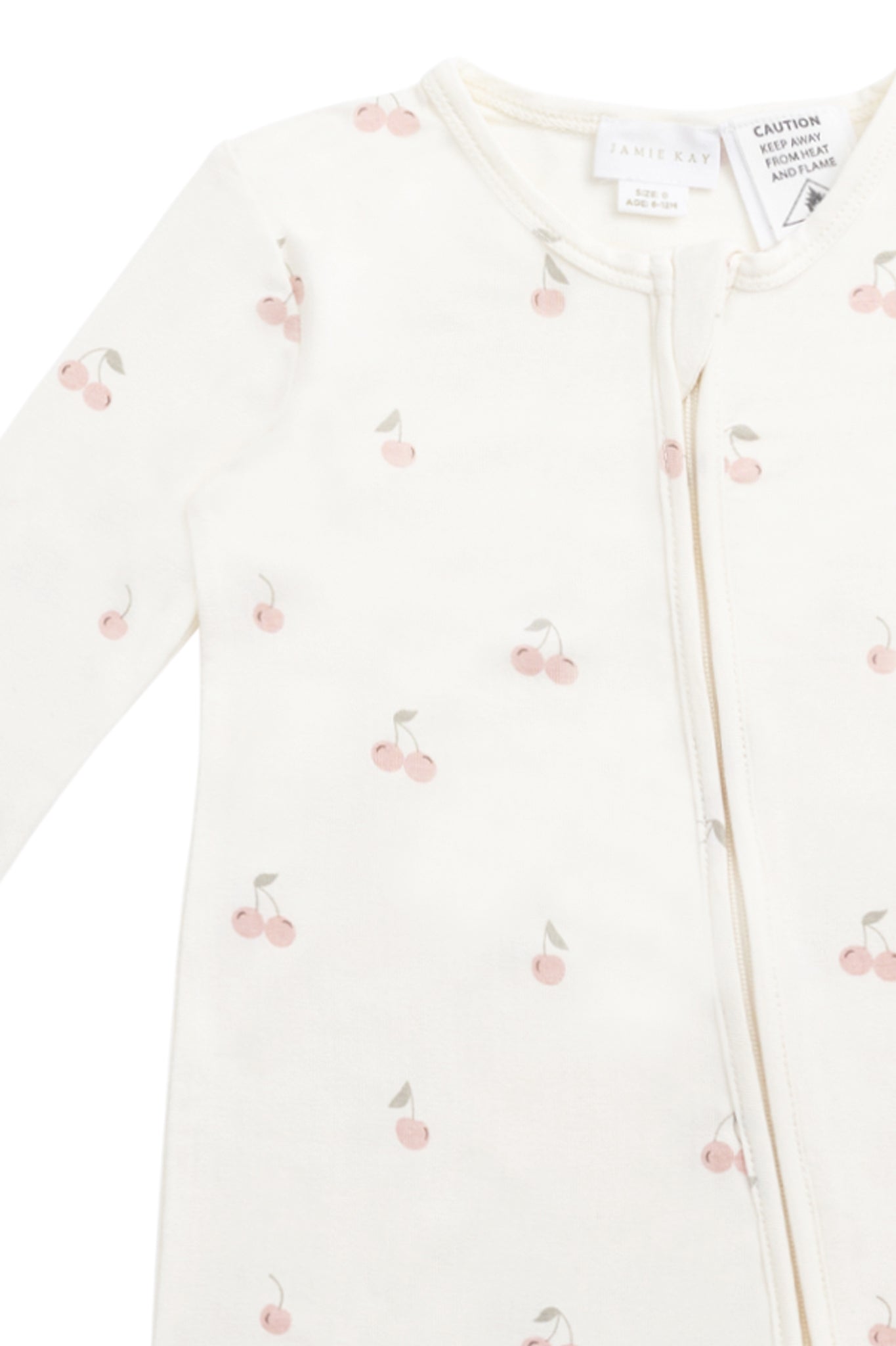 Grenouillère bébé zippée motif cerises pyjama une-pièce manches longues crème